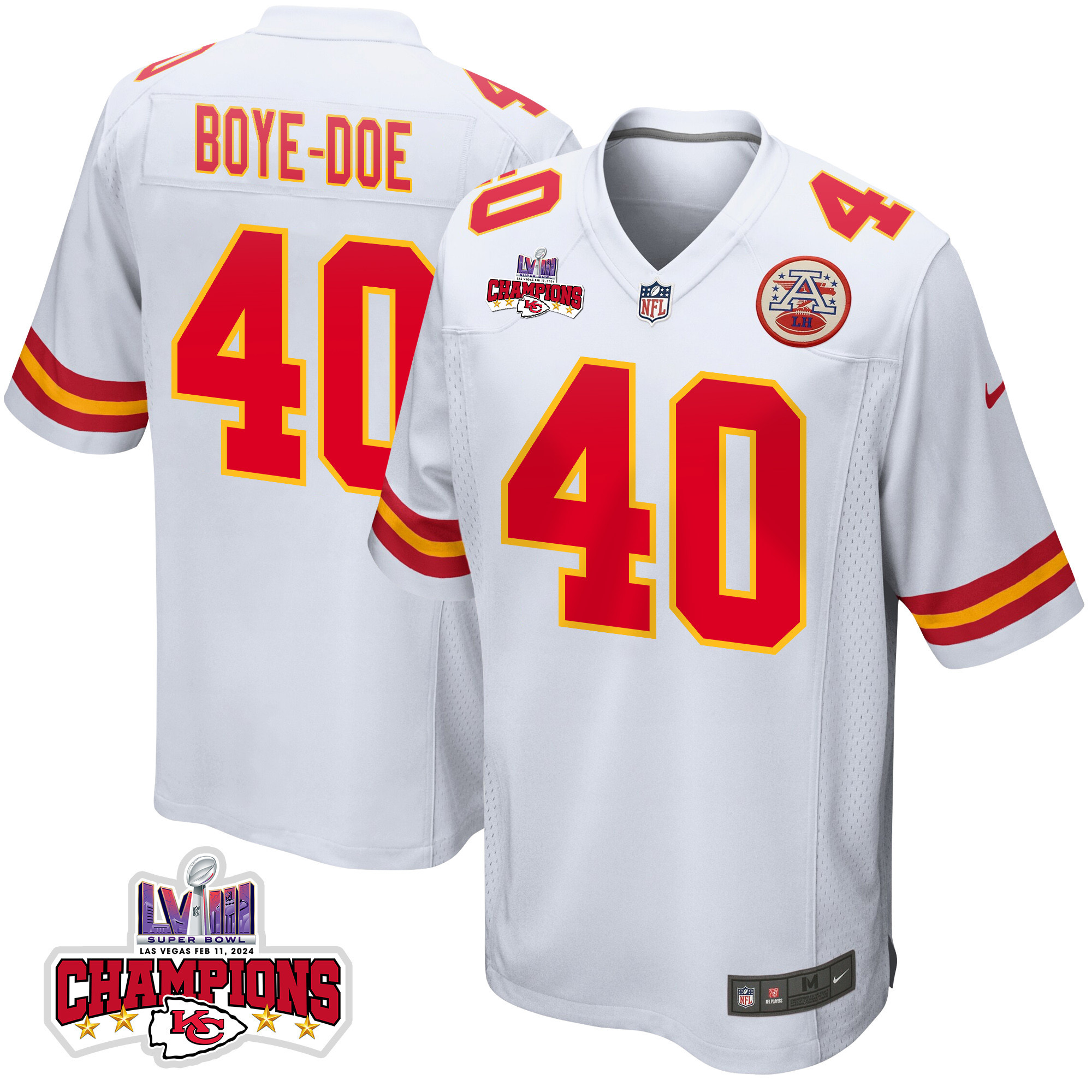 Ekow Boye-Doe 40 Kansas City Chiefs Super Bowl LVIII Champions 4 Stars Patch Game White NFL Jersey Men's