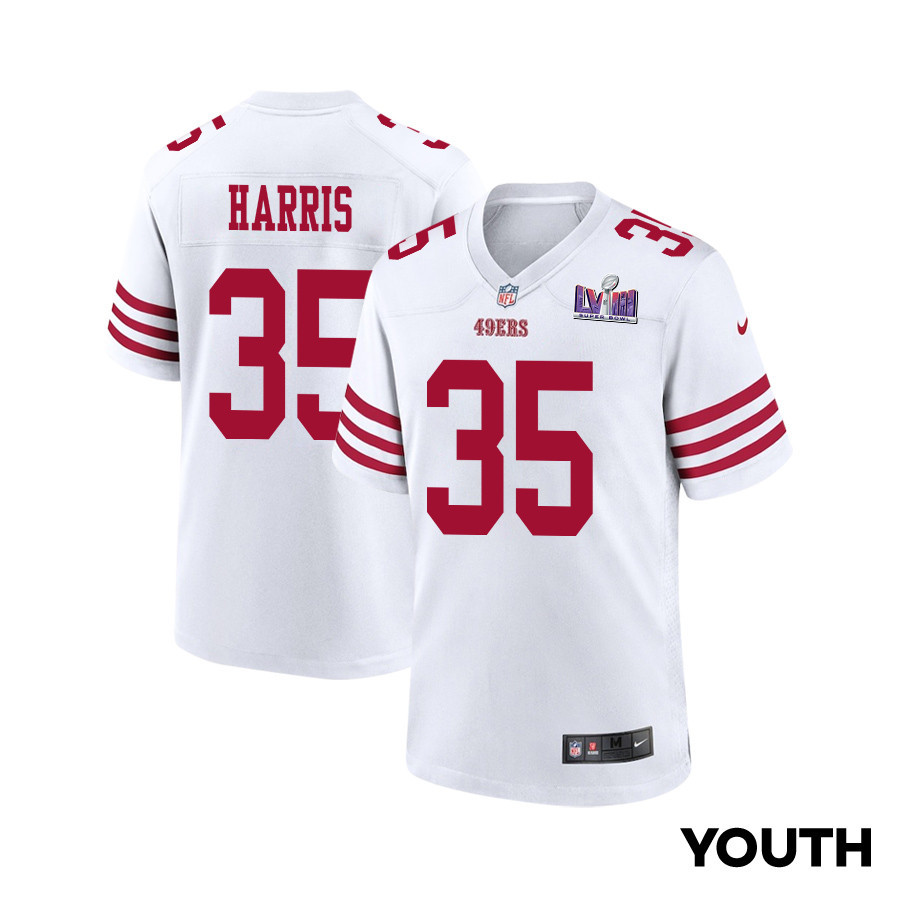 Erik Harris 35 San Francisco 49ers Super Bowl LVIII Patch Game White NFL Jersey Youth