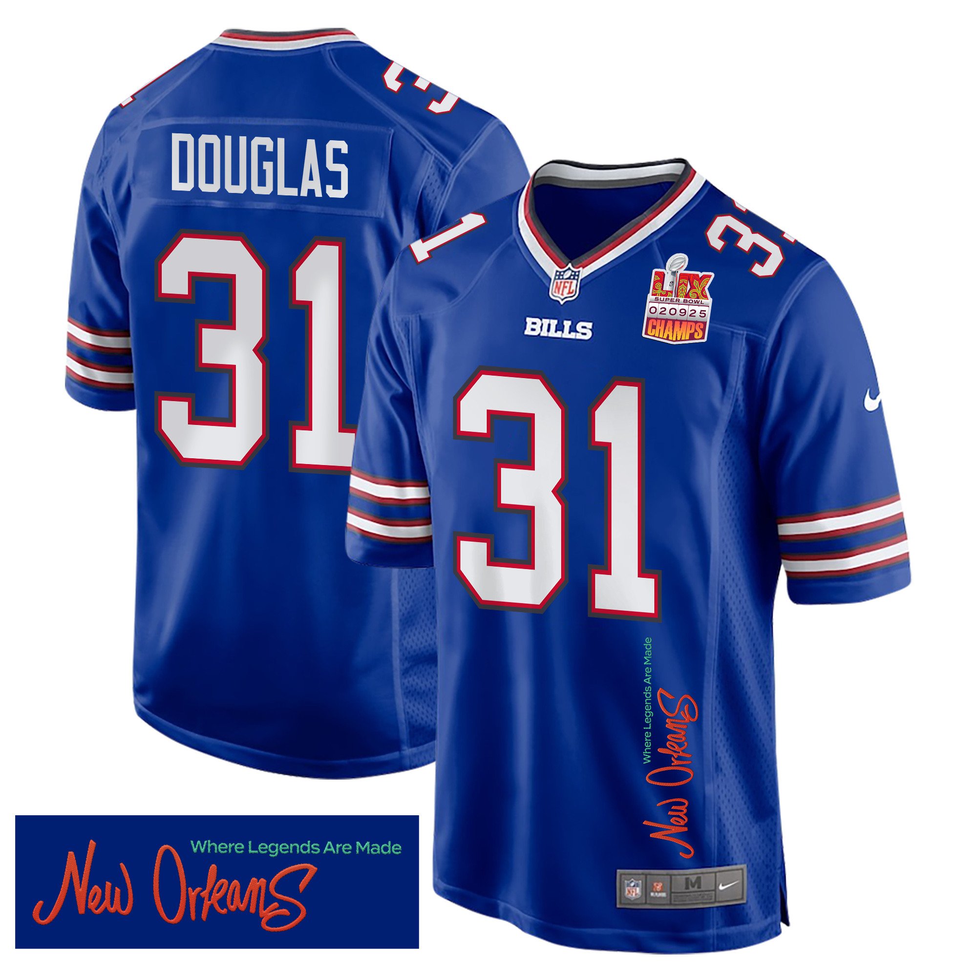 Rasul Douglas 31 Buffalo Bills Super Bowl LIX Champions Patch New Orleans Where Legends Are Made' EMBROIDERED Game Royal NFL Jersey Men's
