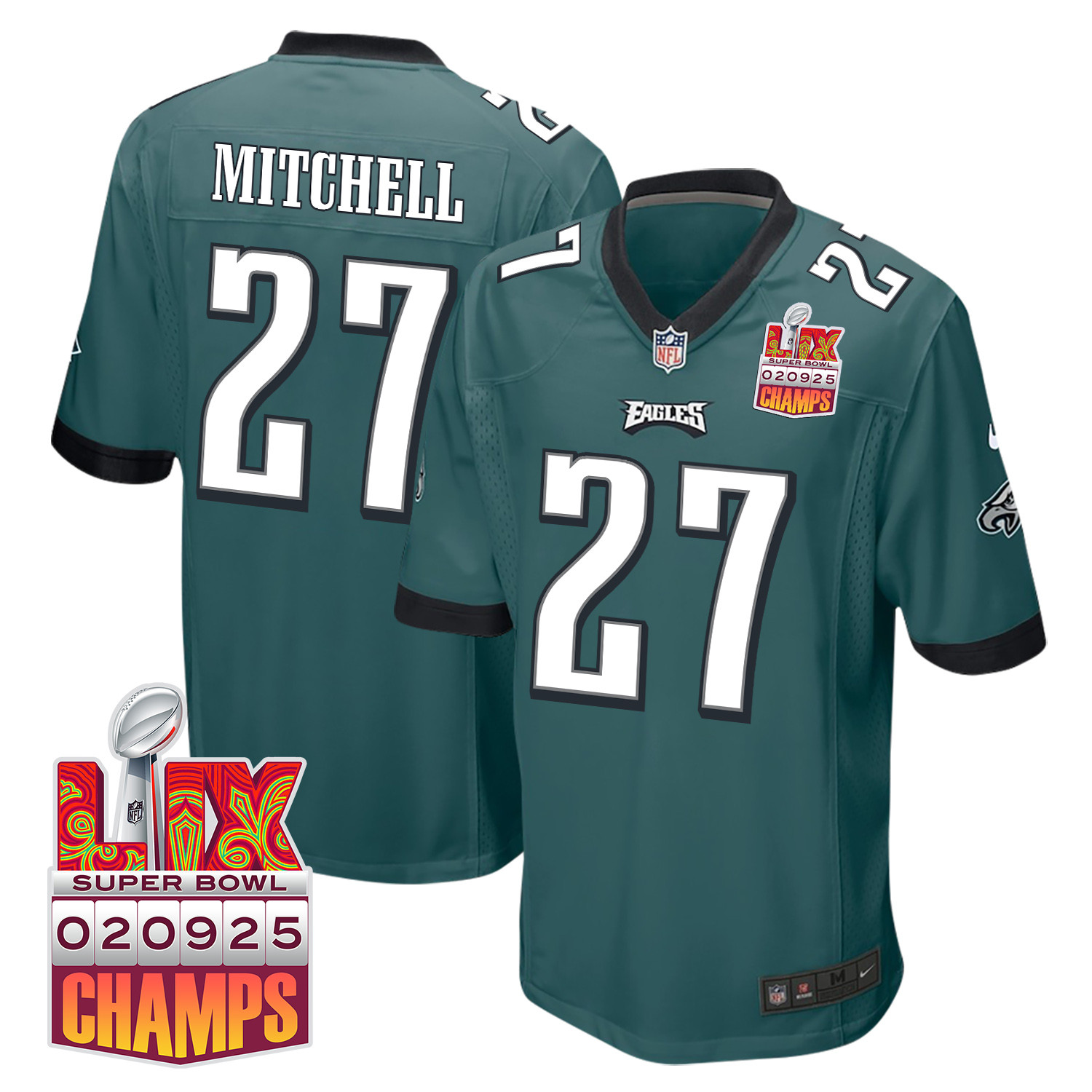 Quinyon Mitchell 27 Philadelphia Eagles Super Bowl LIX Champions Patch Game Midnight Green NFL Jersey Men's