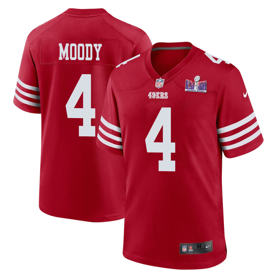 Jake Moody 4 San Francisco 49ers Super Bowl LVIII Patch Game Scarlet NFL Jersey Men's
