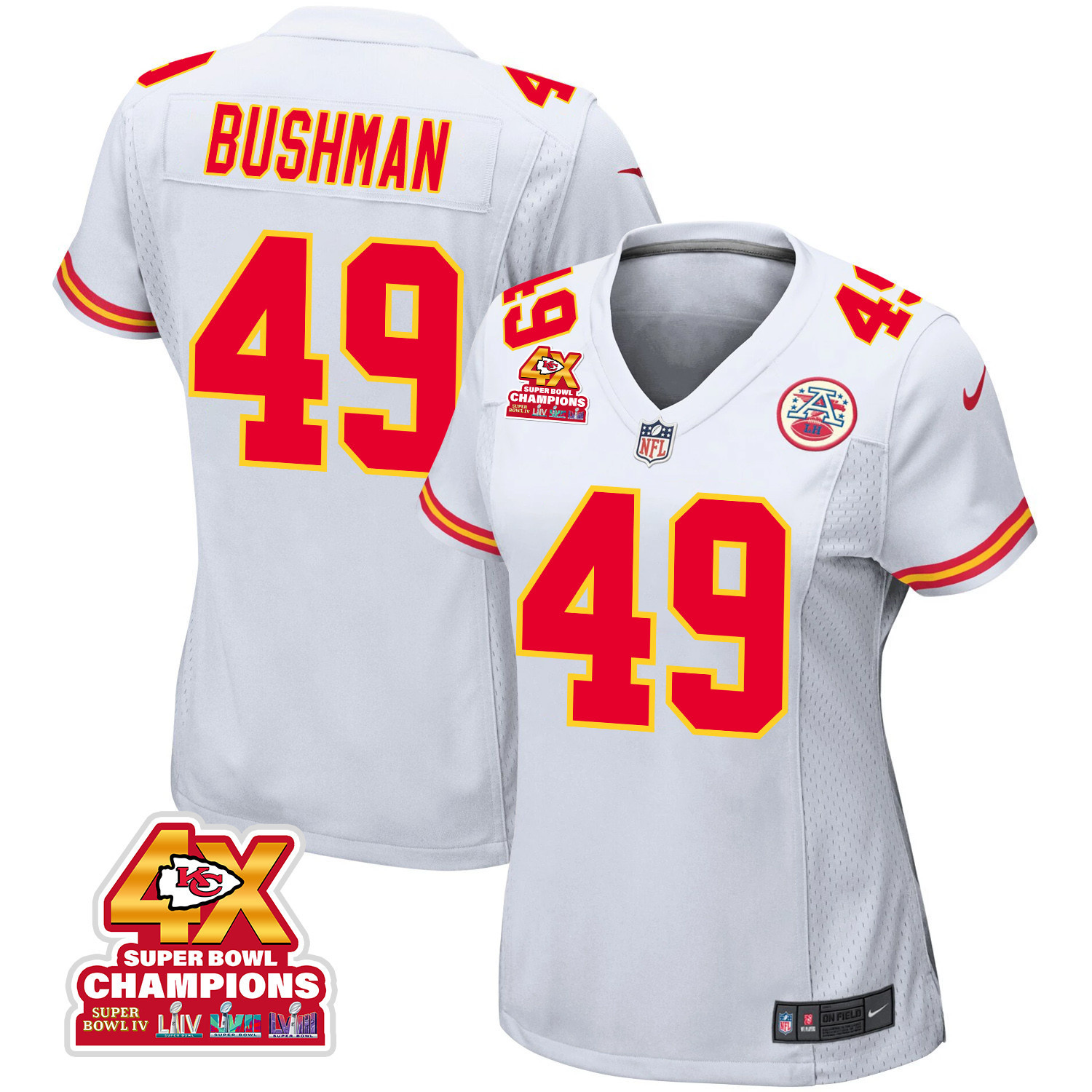 Matt Bushman 49 Kansas City Chiefs Super Bowl LVIII Champions 4X Game White NFL Jersey Women's