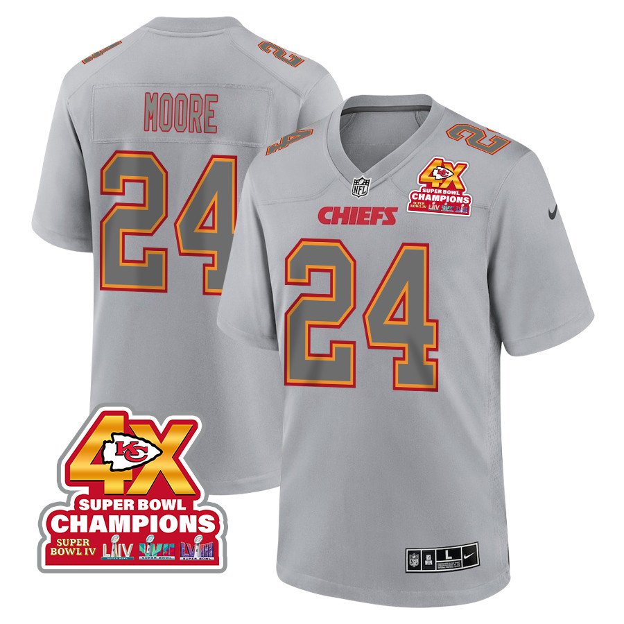 Skyy Moore 24 Kansas City Chiefs Super Bowl LVIII Champions 4X Atmosphere Fashion Game Gray NFL Jersey Men's
