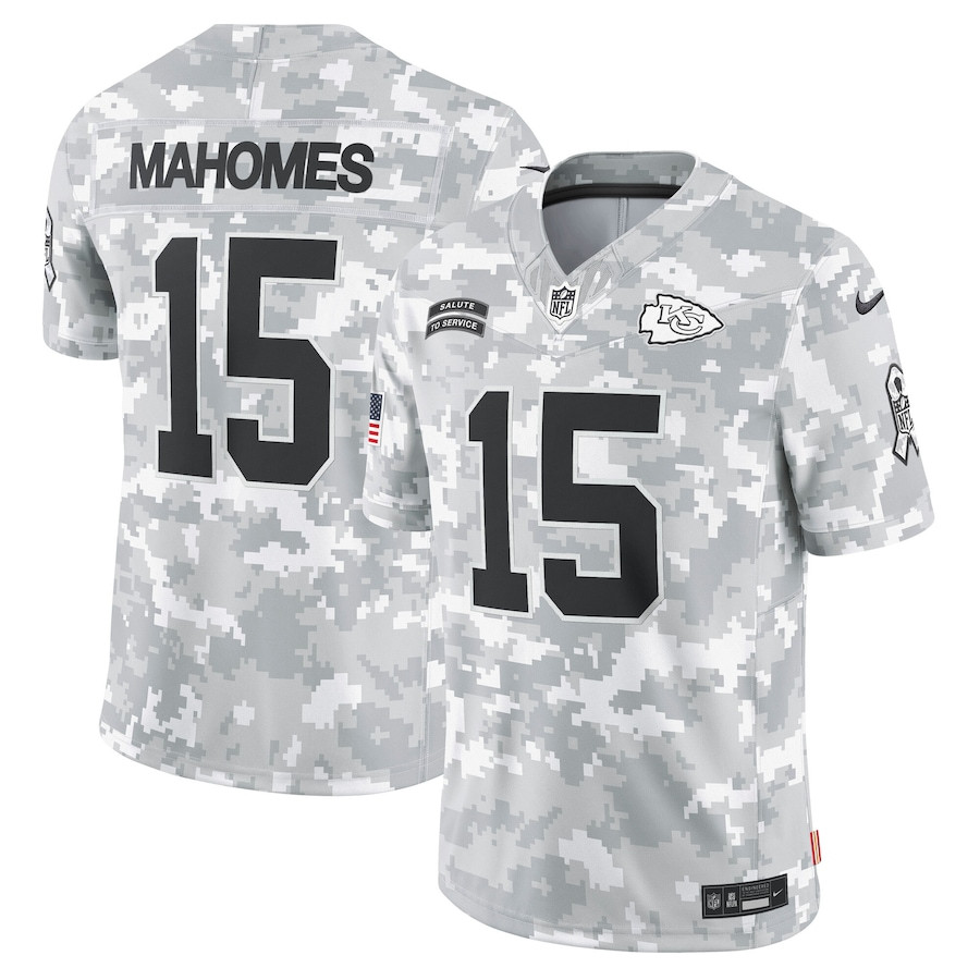 Patrick Mahomes 15 Kansas City Chiefs 2024 Salute to Service Limited Arctic Camo NFL Jersey Men's