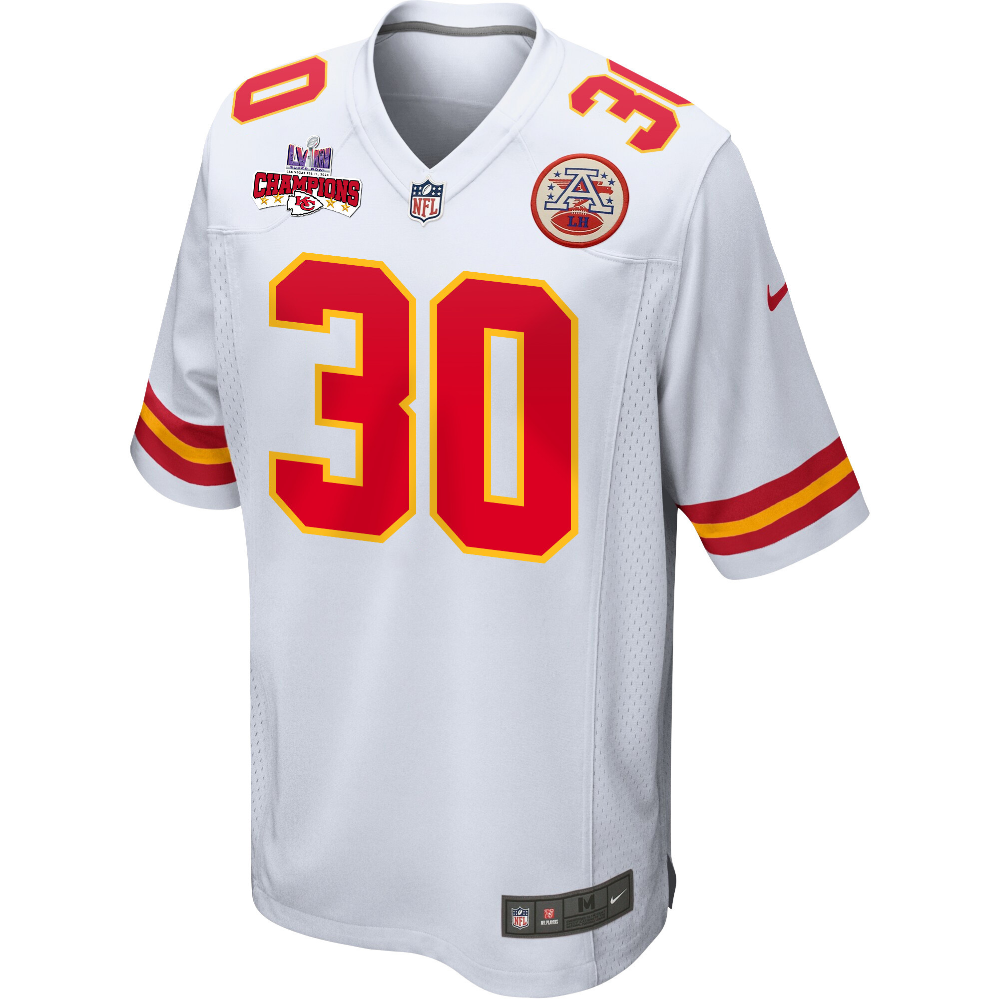 Keaontay Ingram 30 Kansas City Chiefs Super Bowl LVIII Champions 4 Stars Patch Game White NFL Jersey Men's