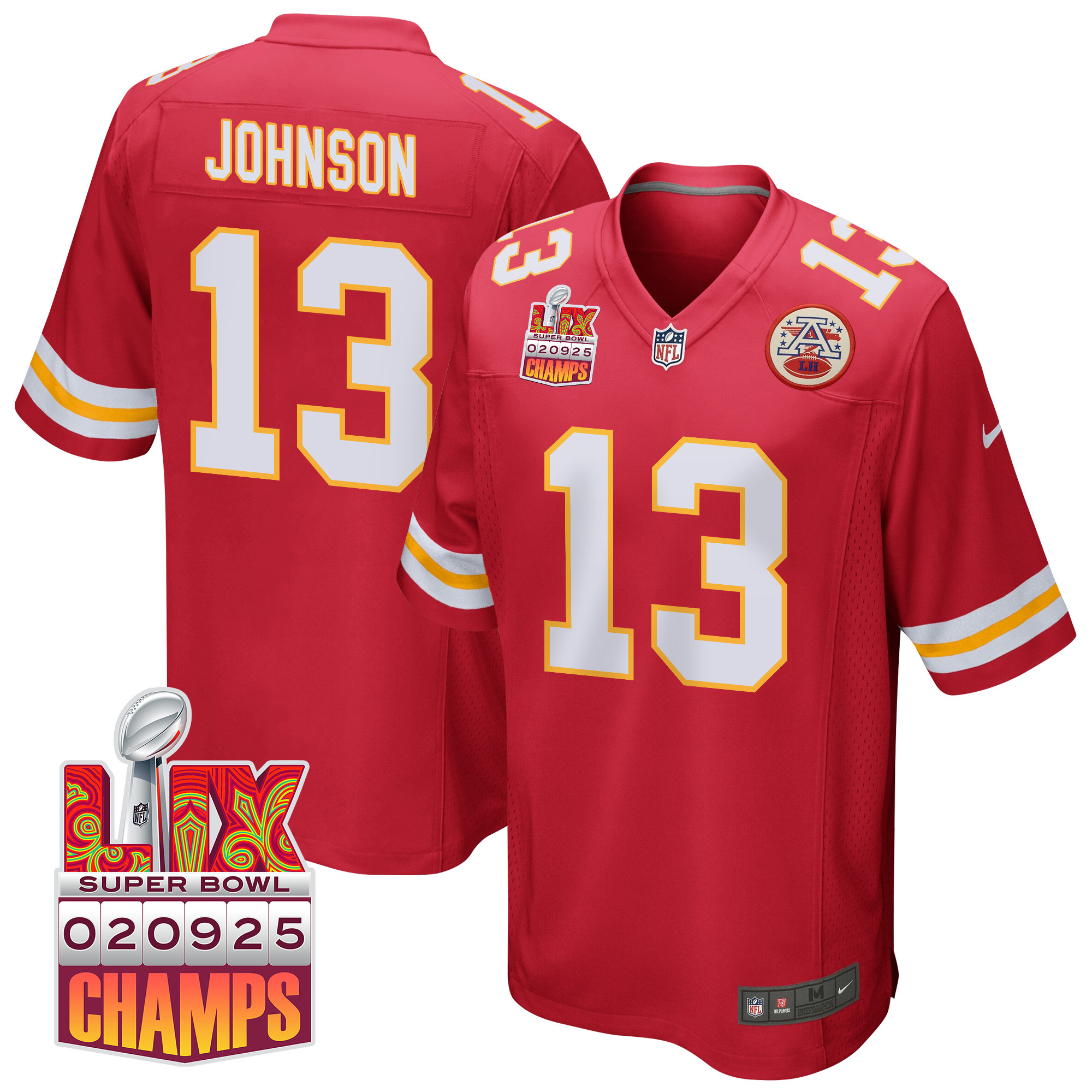 Nazeeh Johnson 13 Kansas City Chiefs Super Bowl LIX Champions Patch Game Red NFL Jersey Men's