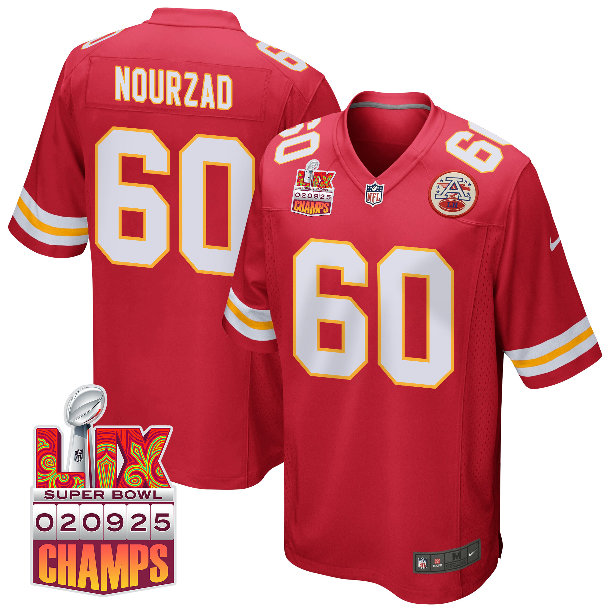 Hunter Nourzad 60 Kansas City Chiefs Super Bowl LIX Champions Patch Game Red NFL Jersey Men's