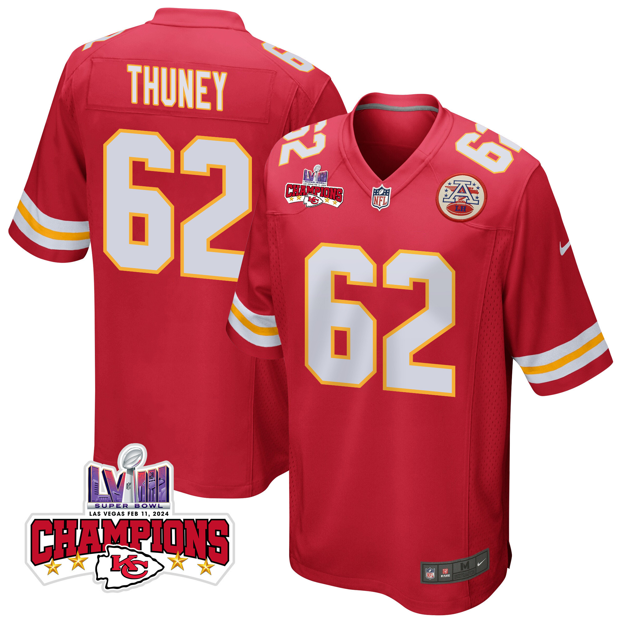 Joe Thuney 62 Kansas City Chiefs Super Bowl LVIII Champions 4 Stars Patch Game Red NFL Jersey Men's