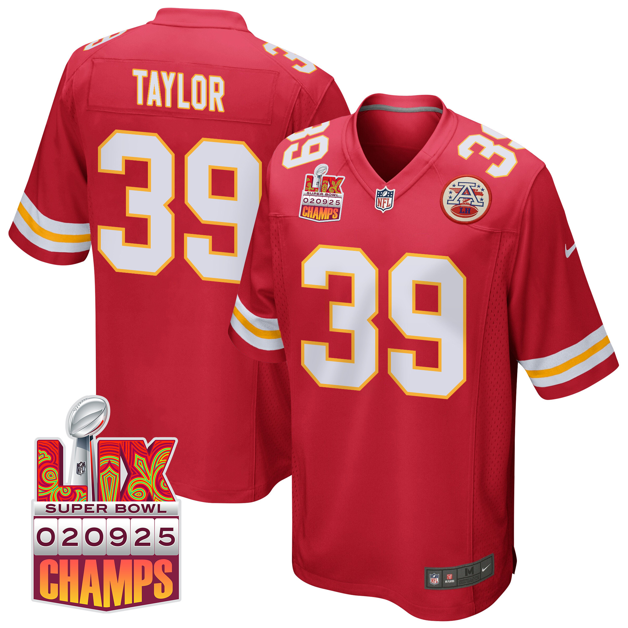 Keith Taylor 39 Kansas City Chiefs Super Bowl LIX Champions Patch Game Red NFL Jersey Men's