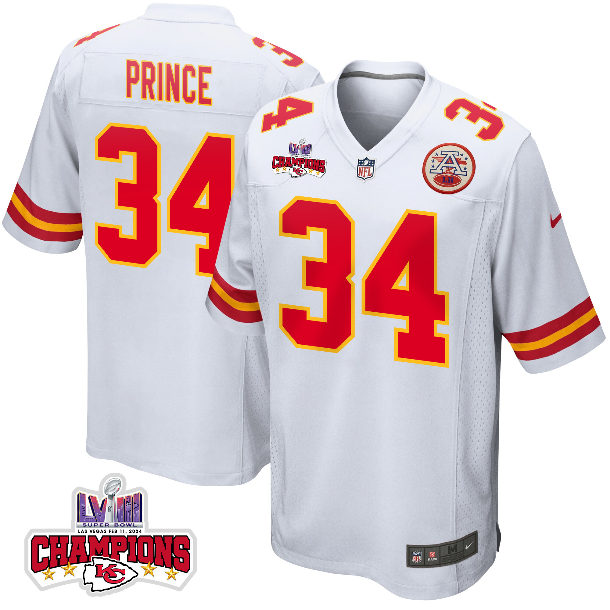 Deneric Prince 34 Kansas City Chiefs Super Bowl LVIII Champions 4 Stars Patch Game White NFL Jersey Men's