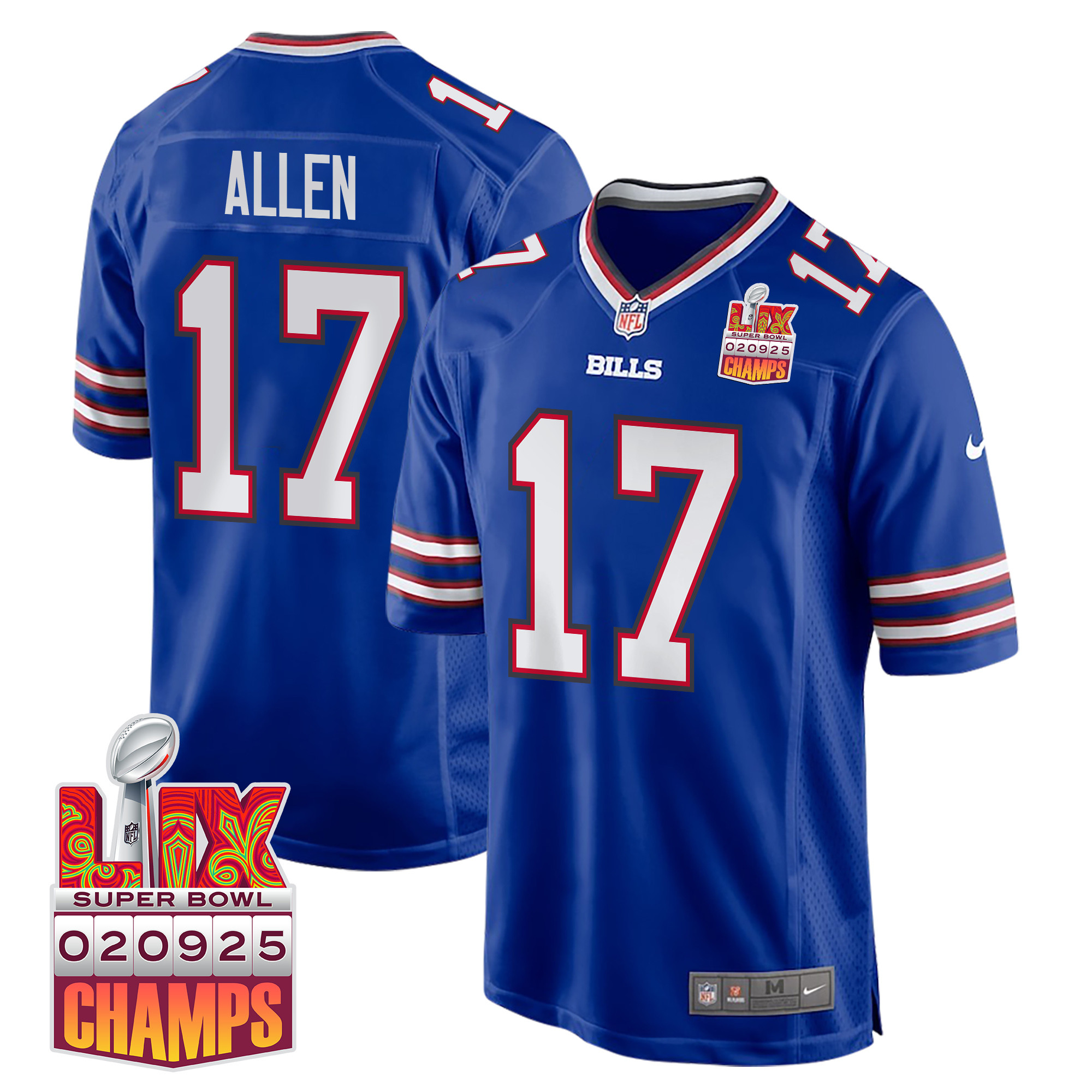 Josh Allen 17 Buffalo Bills Super Bowl LIX Champions Patch Game Royal NFL Jersey Men's