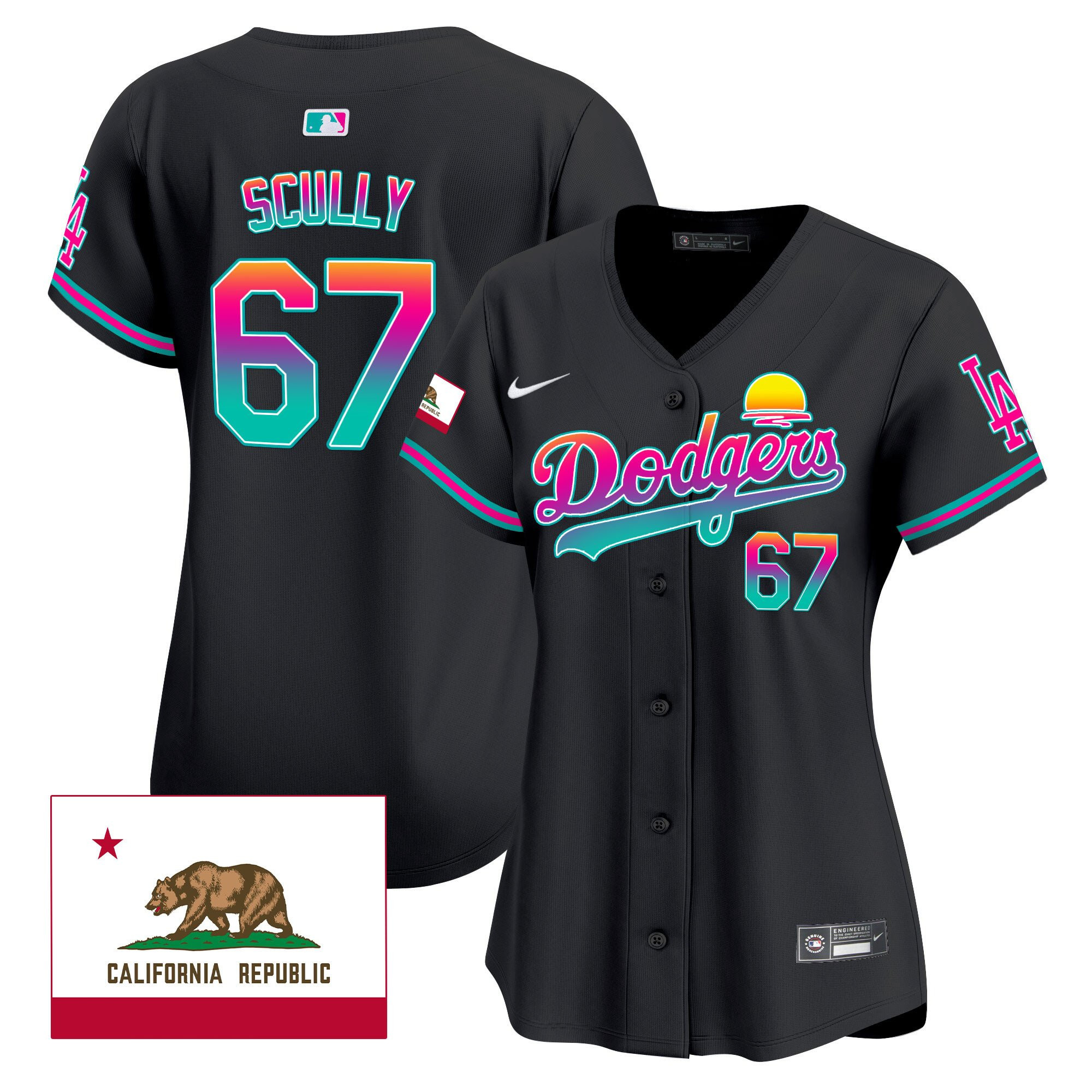 Vin Scully 67 Los Angeles Dodgers 2024 Los Angeles City Style California Republic Patch Black MLB Jersey Women's