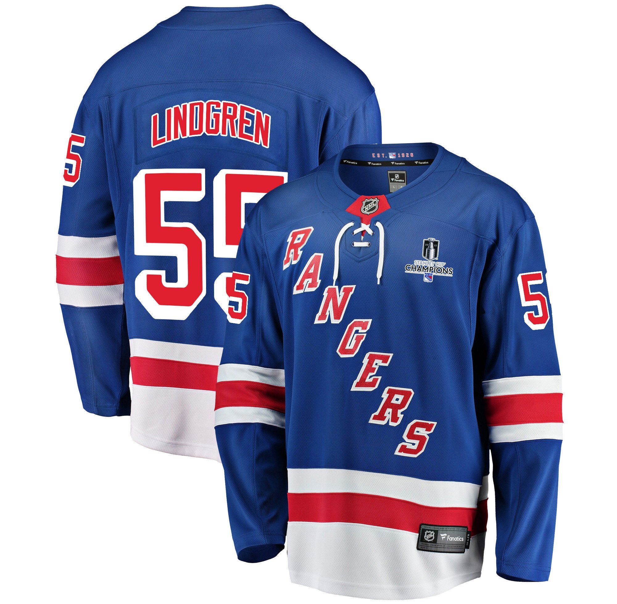 New York Rangers Ryan Lindgren 55 Home 2022 Stanley Cup Champions Breakaway Blue NHL Jersey Men's