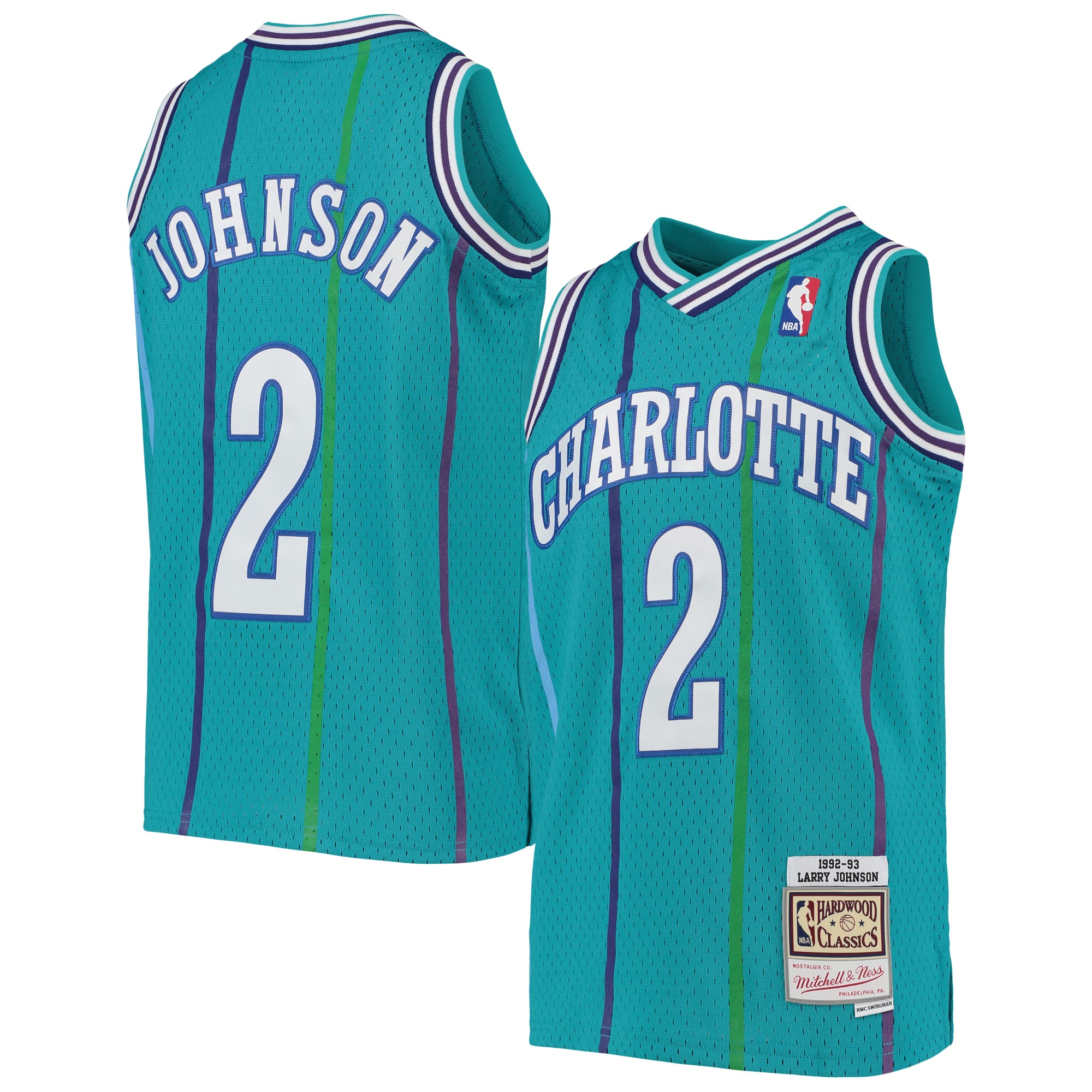 Mitchell Ness Larry Johnson Teal Charlotte Hornets 1992/93 Hardwood Classics Swingman NBA Jersey Youth