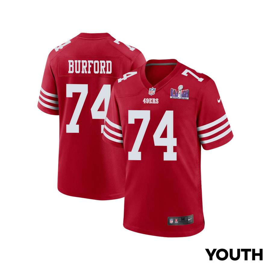 Spencer Burford 74 San Francisco 49ers Super Bowl LVIII Patch Game Scarlet NFL Jersey Youth