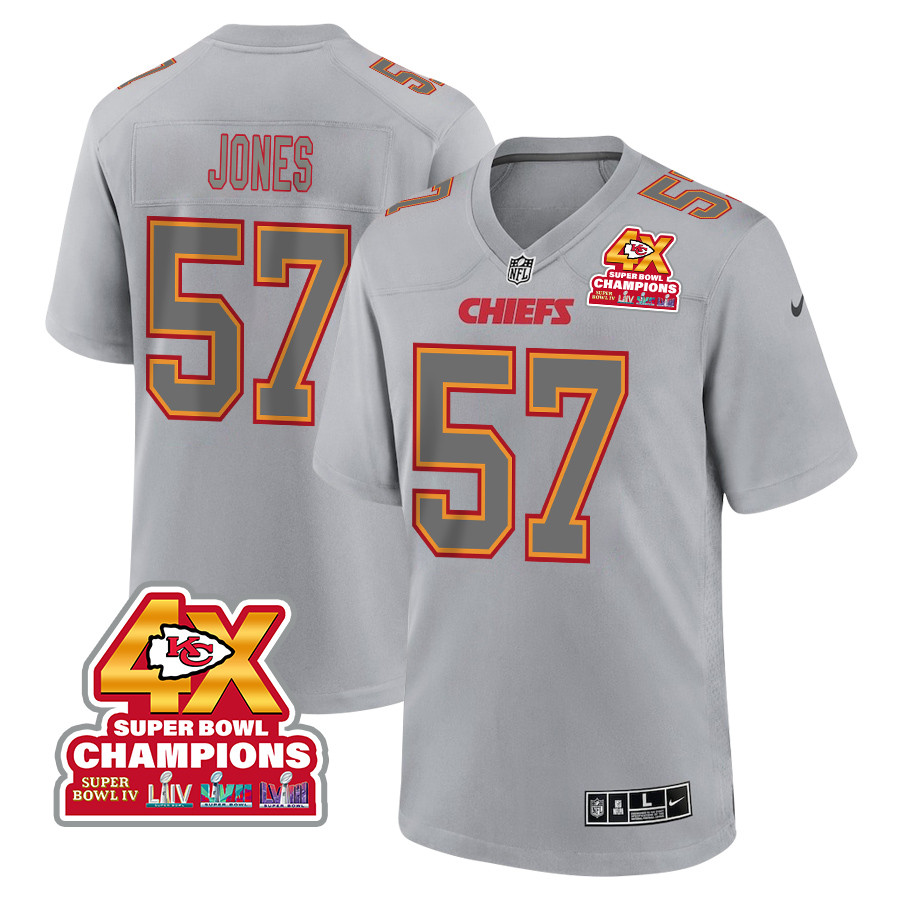 Truman Jones 57 Kansas City Chiefs Super Bowl LVIII Champions 4X Atmosphere Fashion Game Gray NFL Jersey Men's