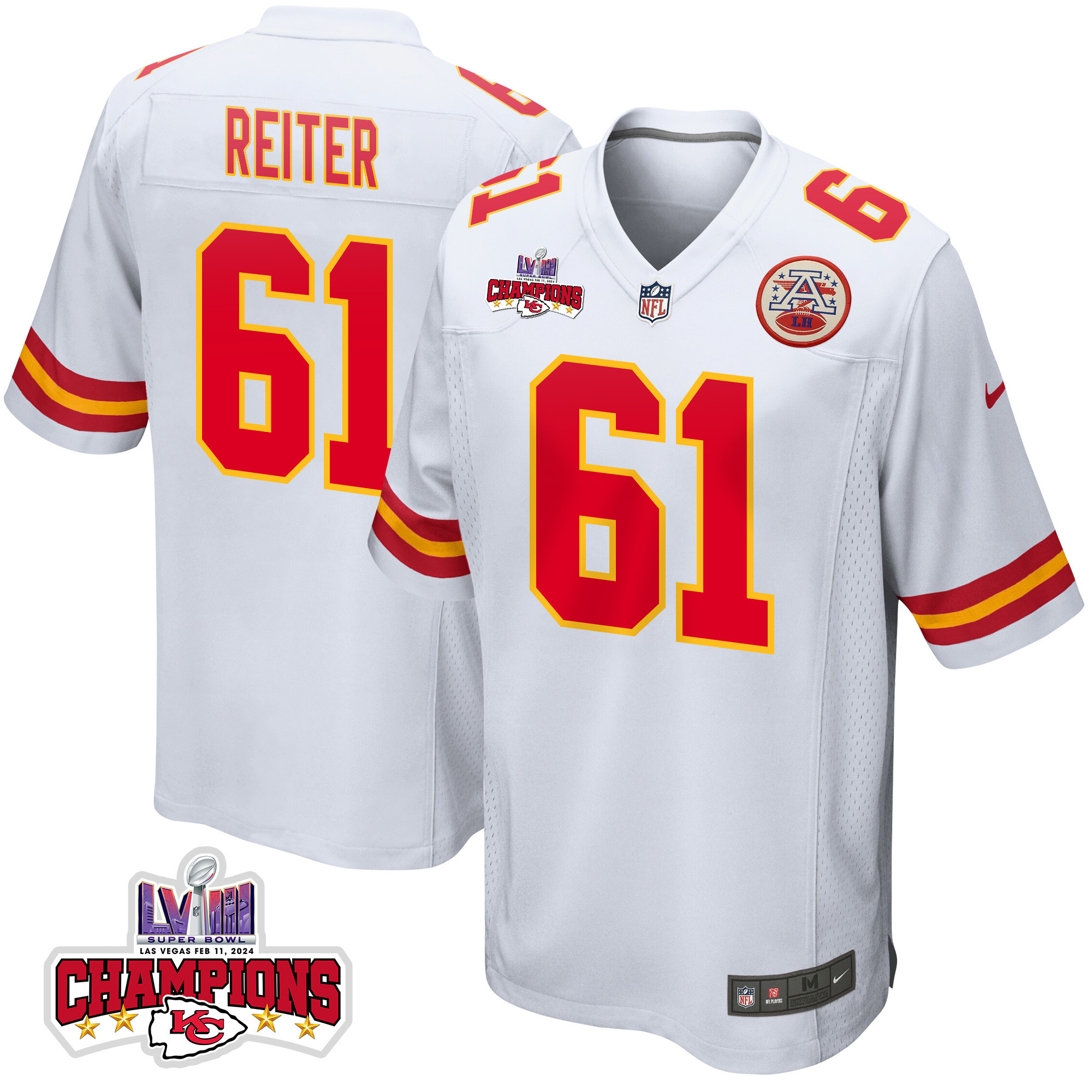 Austin Reiter 61 Kansas City Chiefs Super Bowl LVIII Champions 4 Stars Patch Game White NFL Jersey Men's