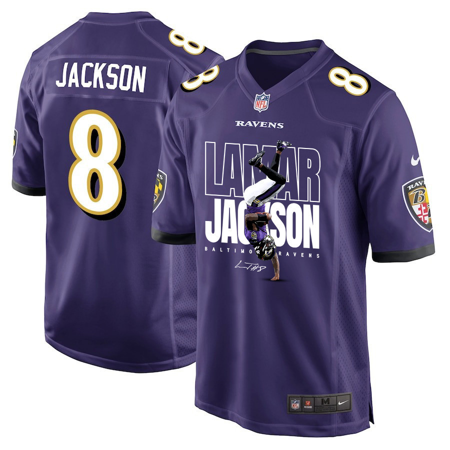 Lamar Jackson 8 Baltimore Ravens Lamar the Merrier Game Purple NFL Jersey Men's