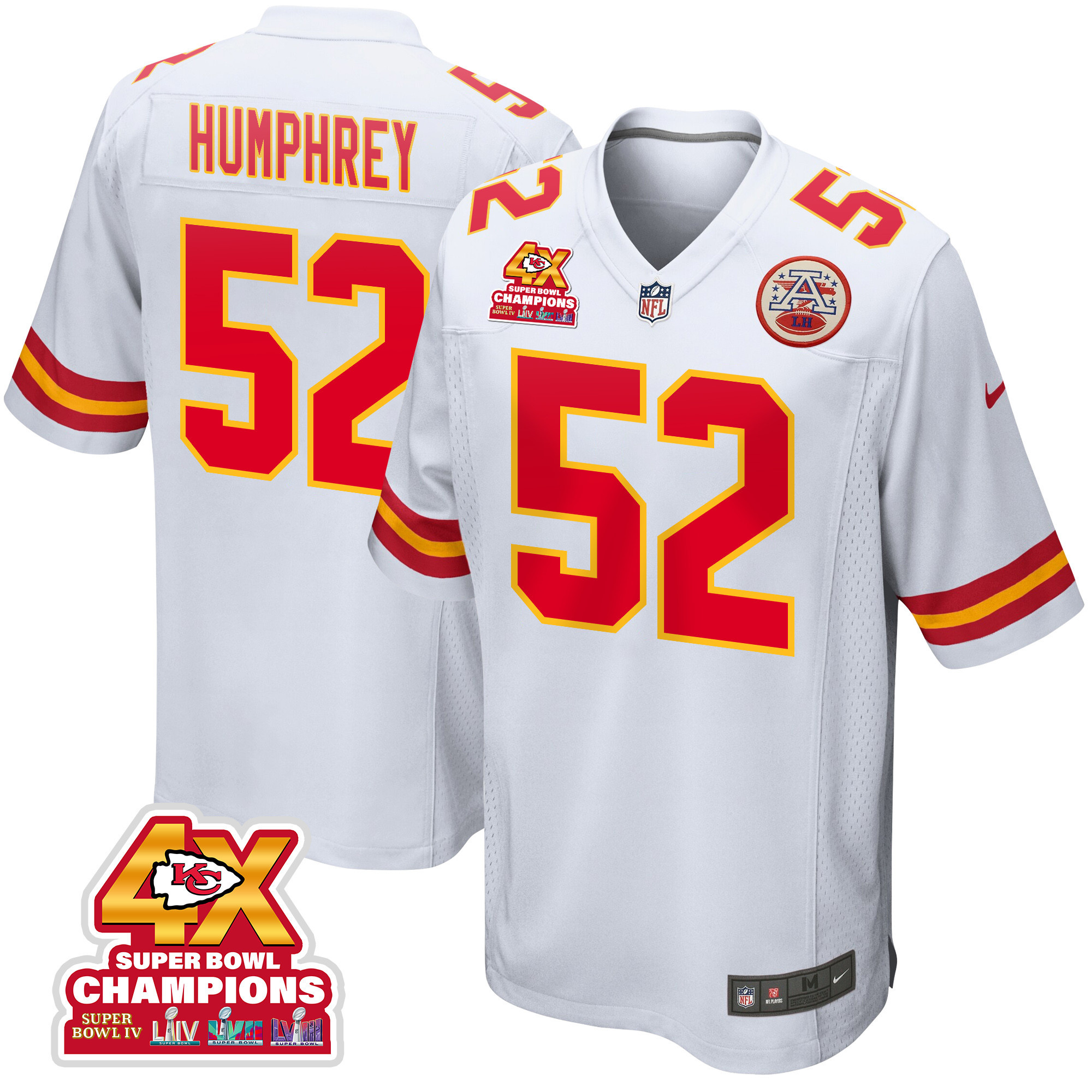 Creed Humphrey 52 Kansas City Chiefs Super Bowl LVIII Champions 4X Game White NFL Jersey Men's