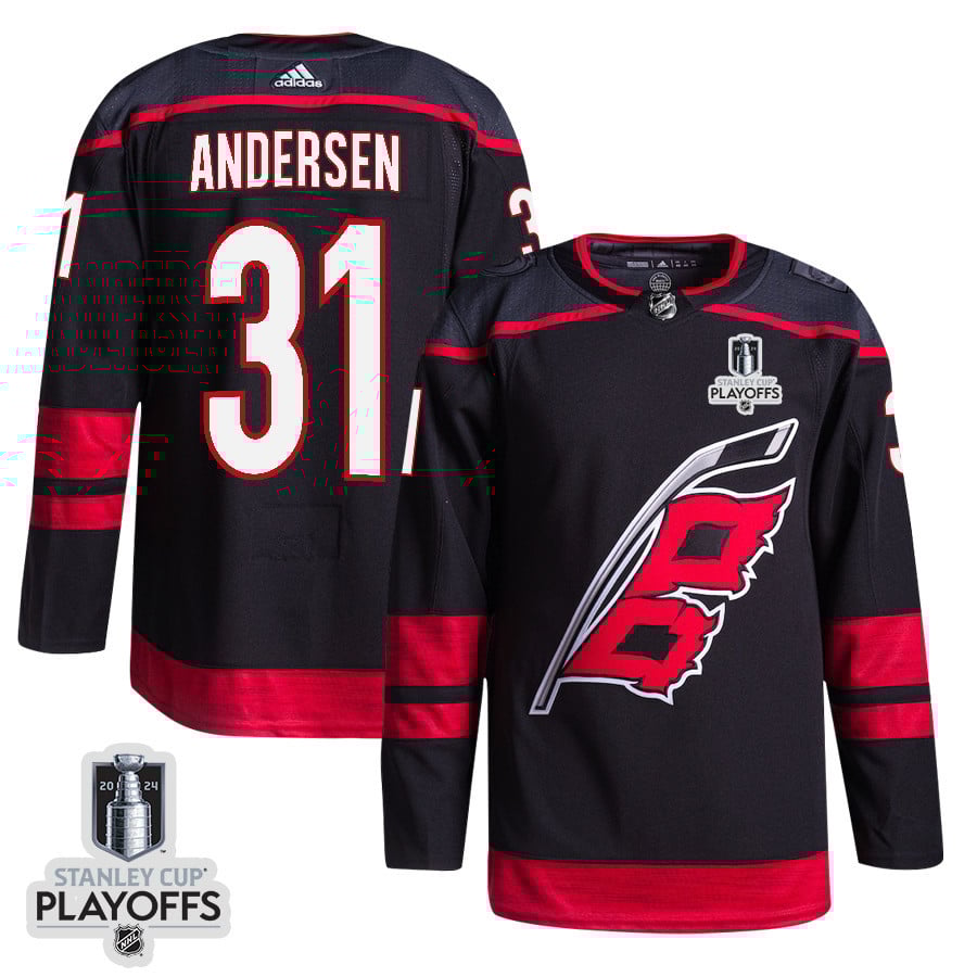 Frederik Andersen 31 Carolina Hurricanes 2024 Playoffs Patch Home Black NHL Jersey Men's