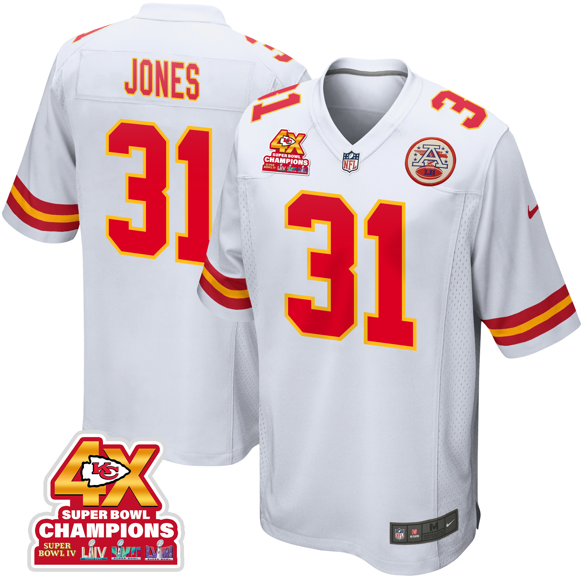 Nic Jones 31 Kansas City Chiefs Super Bowl LVIII Champions 4X Game White NFL Jersey Men's