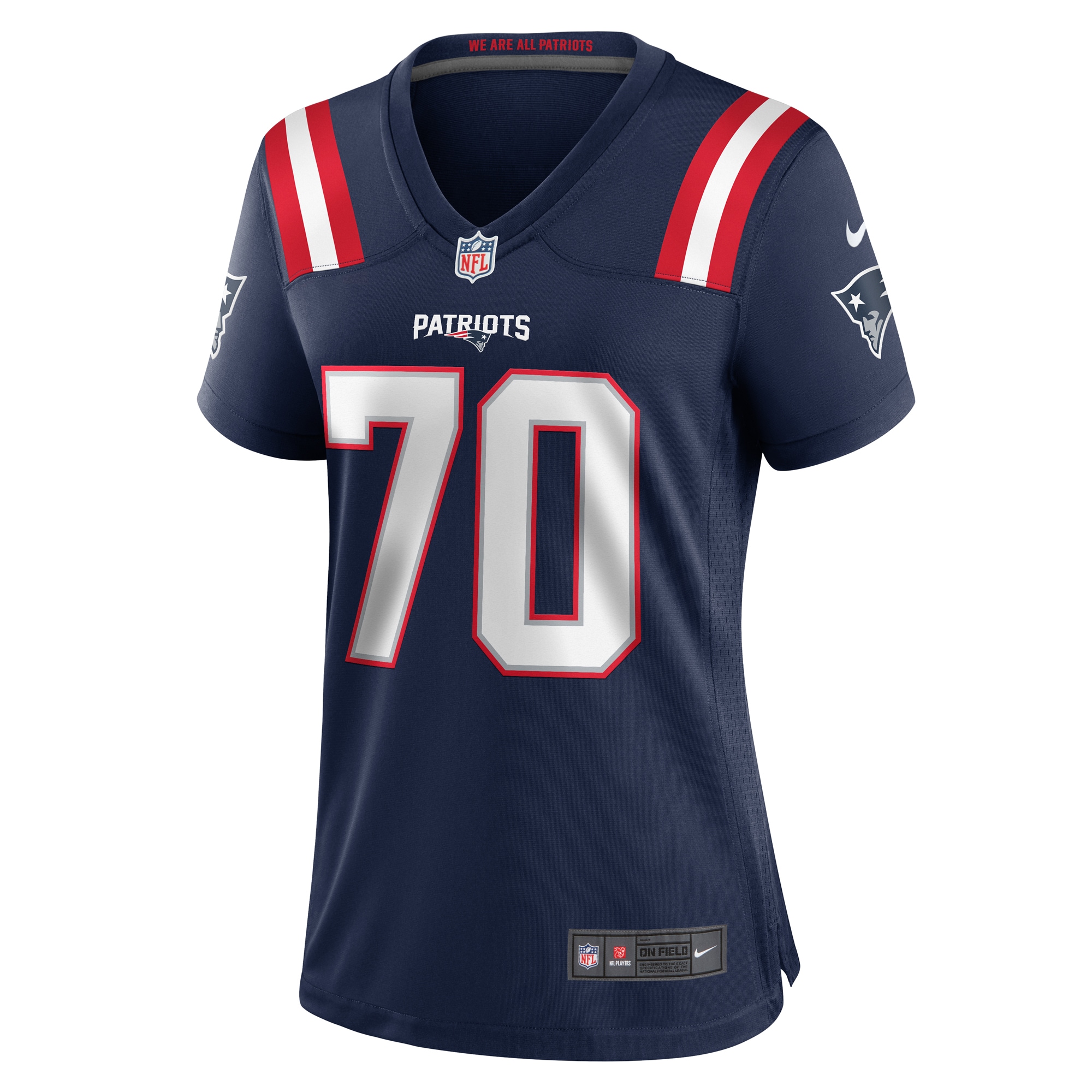 New England Patriots Caedan Wallace Navy Game NFL Jersey Women's