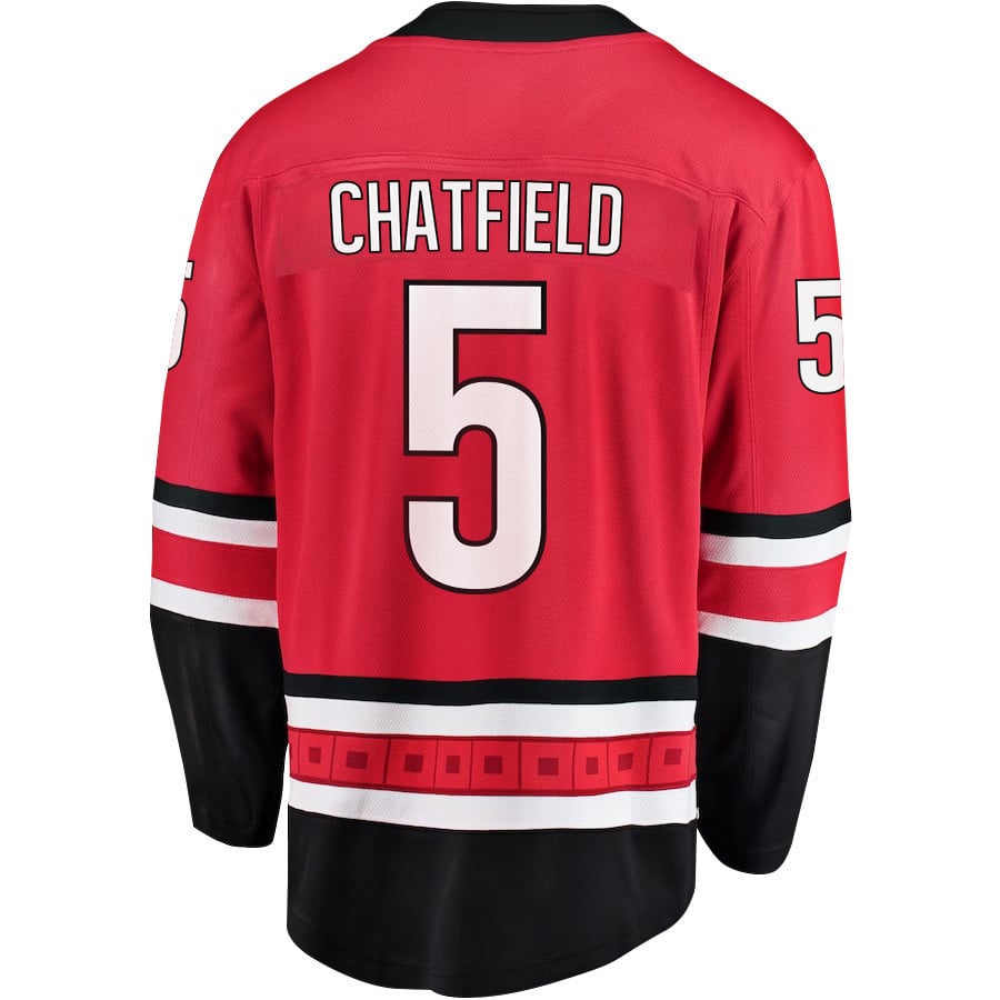 Jalen Chatfield 5 Carolina Hurricanes Stanley Cup 2023 Playoffs Patch Home Breakaway Red NHL Jersey Men's