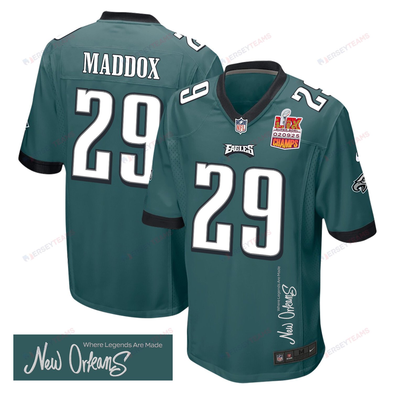 Avonte Maddox 29 Philadelphia Eagles Super Bowl LIX Champions Patch New Orleans Where Legends Are Made' EMBROIDERED Game Midnight Green NFL Jersey Men's