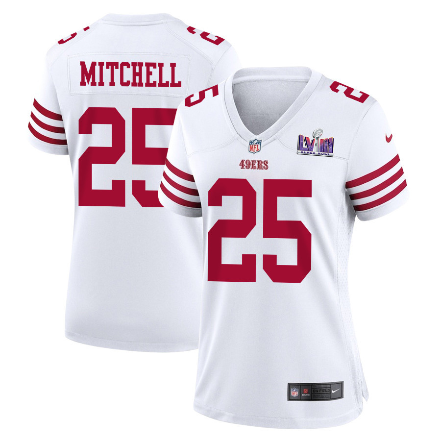 Elijah Mitchell 25 San Francisco 49ers Super Bowl LVIII Patch Game White NFL Jersey Women's