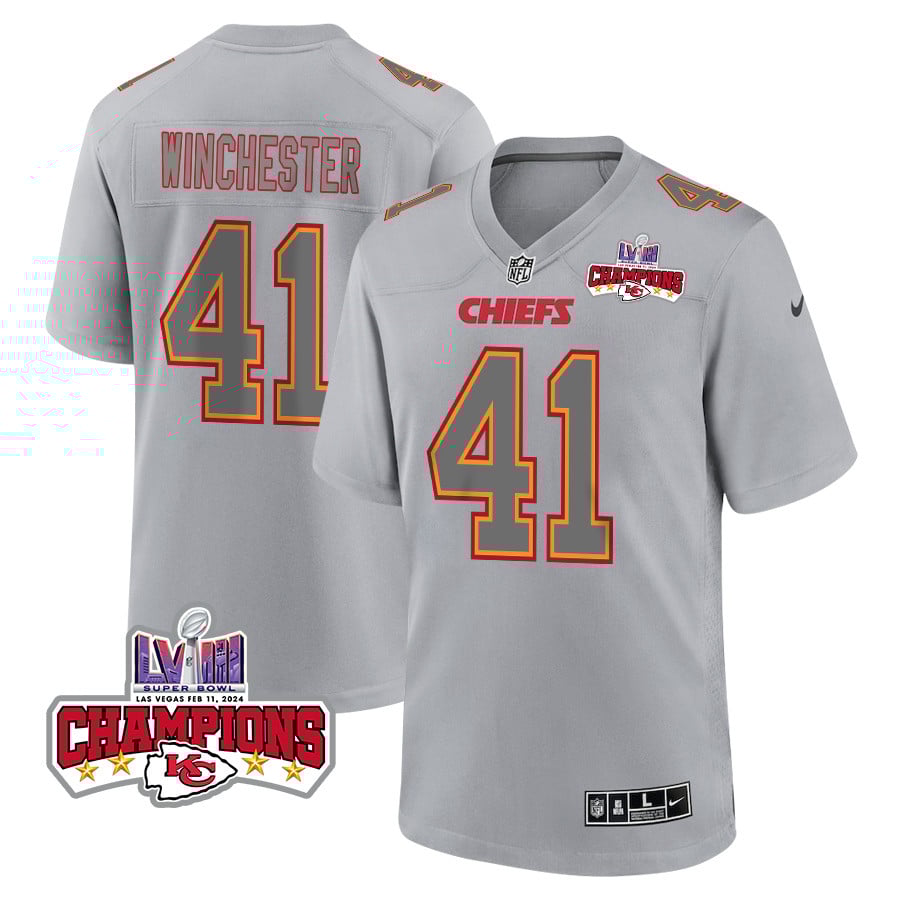 James Winchester 41 Kansas City Chiefs Super Bowl LVIII Champions 4 Stars Patch Atmosphere Fashion Game Gray NFL Jersey Men's