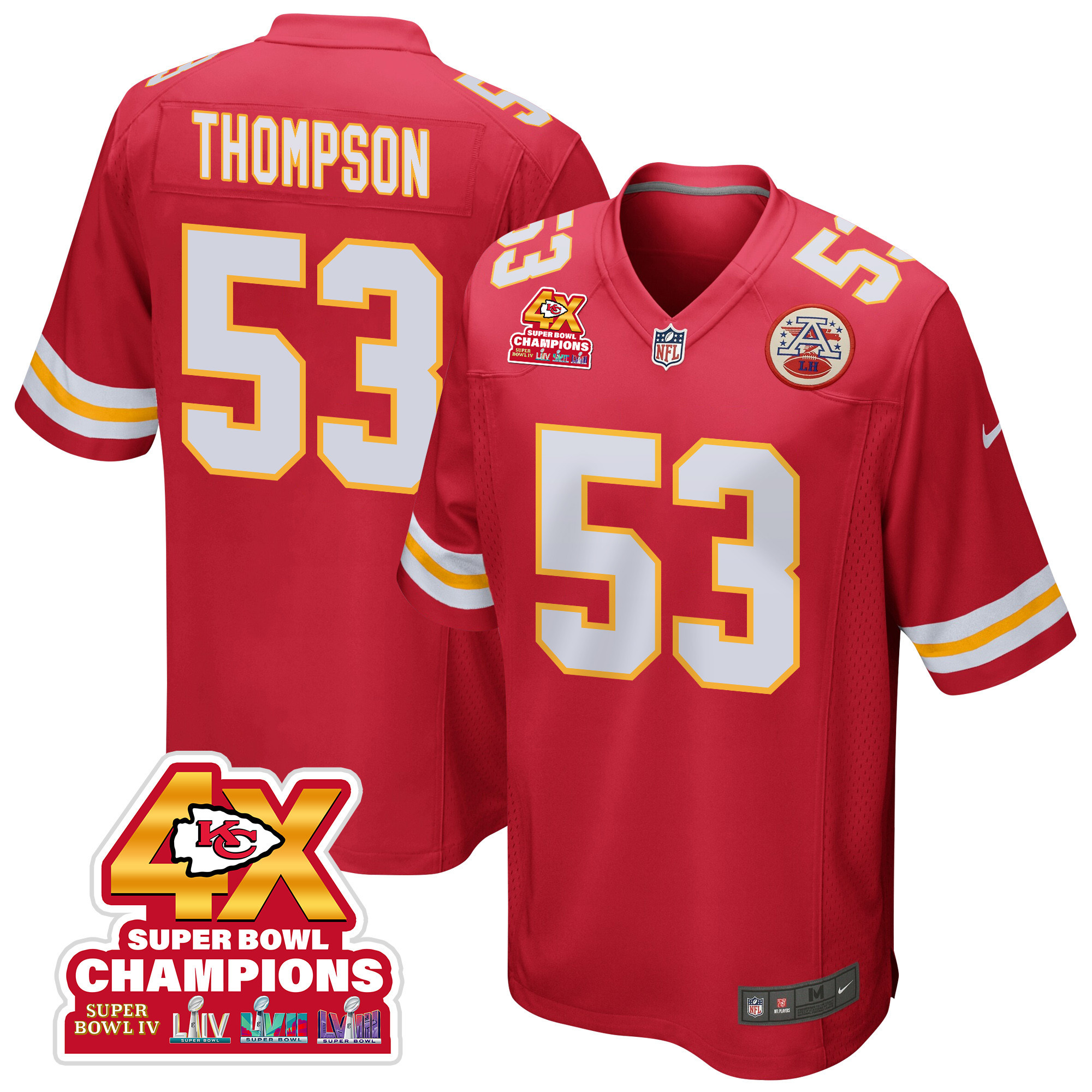 BJ Thompson 53 Kansas City Chiefs Super Bowl LVIII Champions 4X Game Red NFL Jersey Men's