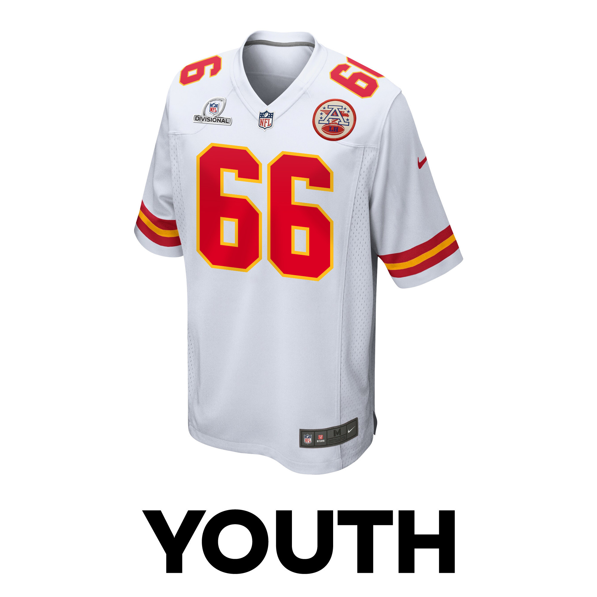 Mike Caliendo 66 Kansas City Chiefs Super Bowl LVIII Patch Game White NFL Jersey Youth