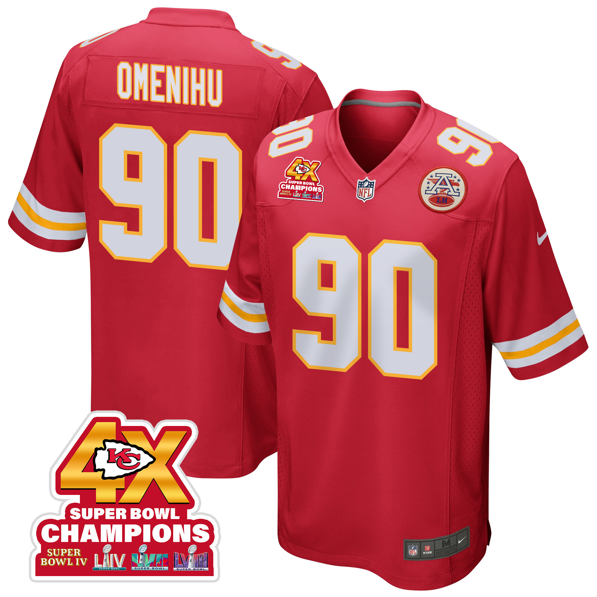 Charles Omenihu 90 Kansas City Chiefs Super Bowl LVIII Champions 4X Game Red NFL Jersey Men's