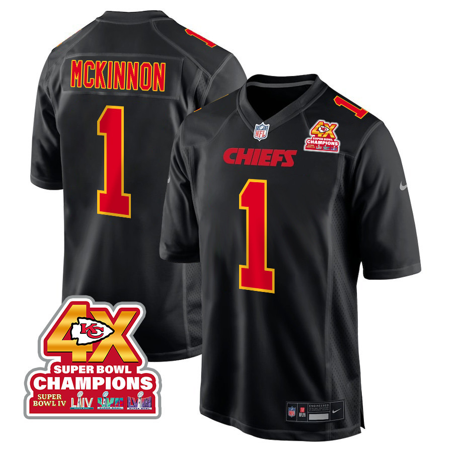 Jerick McKinnon 1 Kansas City Chiefs Super Bowl LVIII Champions 4X Fashion Game Carbon Black NFL Jersey Men's