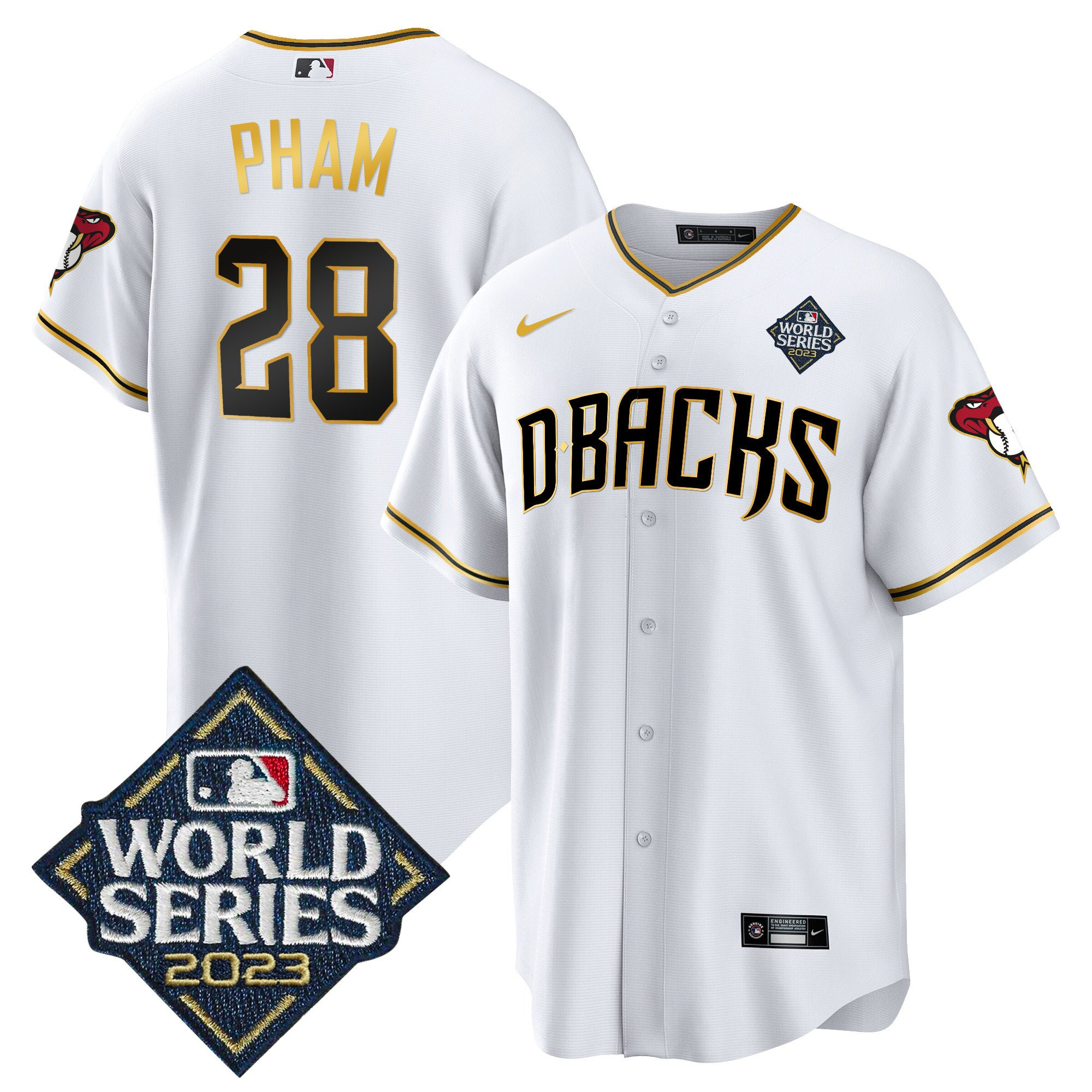 Tommy Pham 28 Arizona Diamondbacks 2023 World Series White Gold MLB Jersey Men's