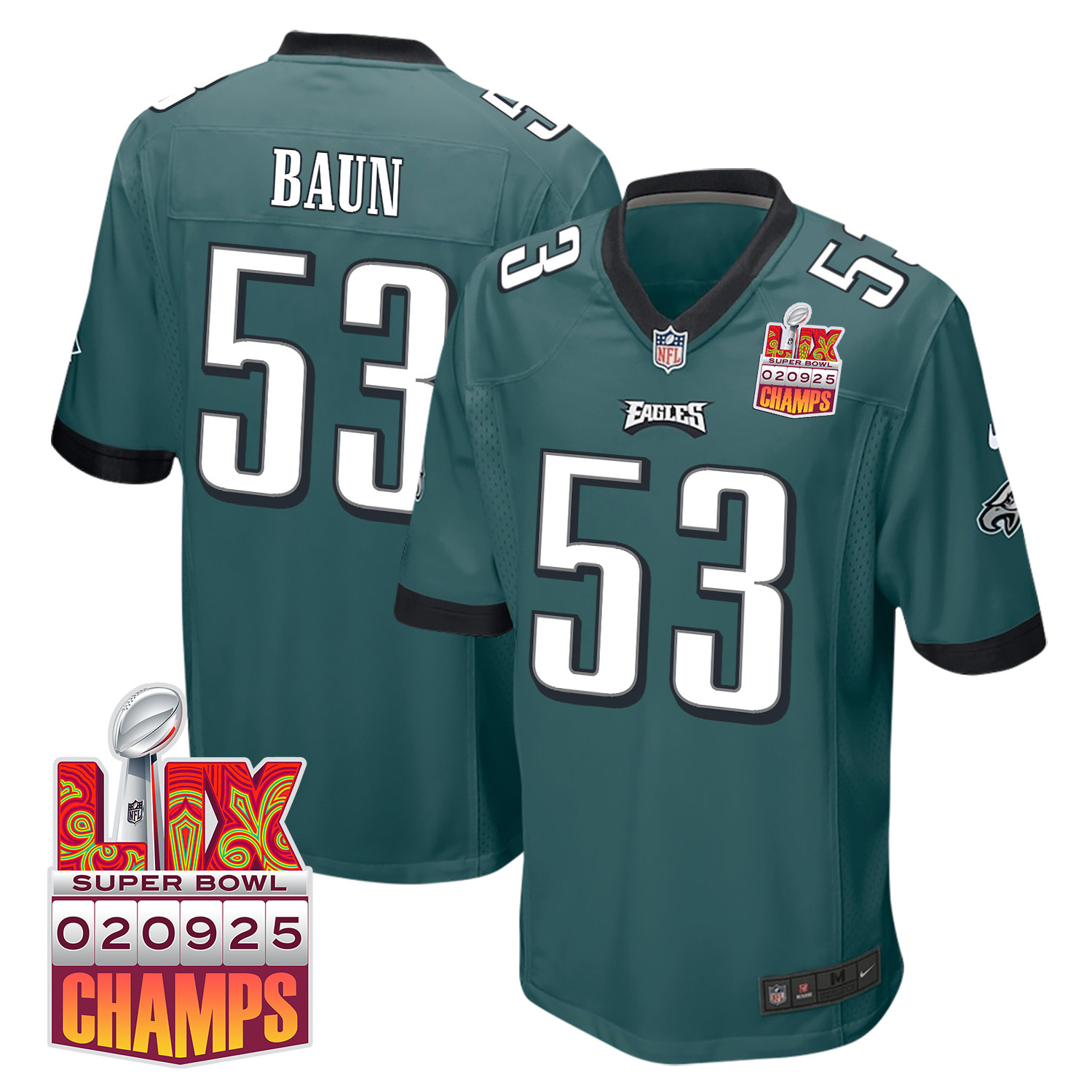 Zack Baun 53 Philadelphia Eagles Super Bowl LIX Champions Patch Game Midnight Green NFL Jersey Men's