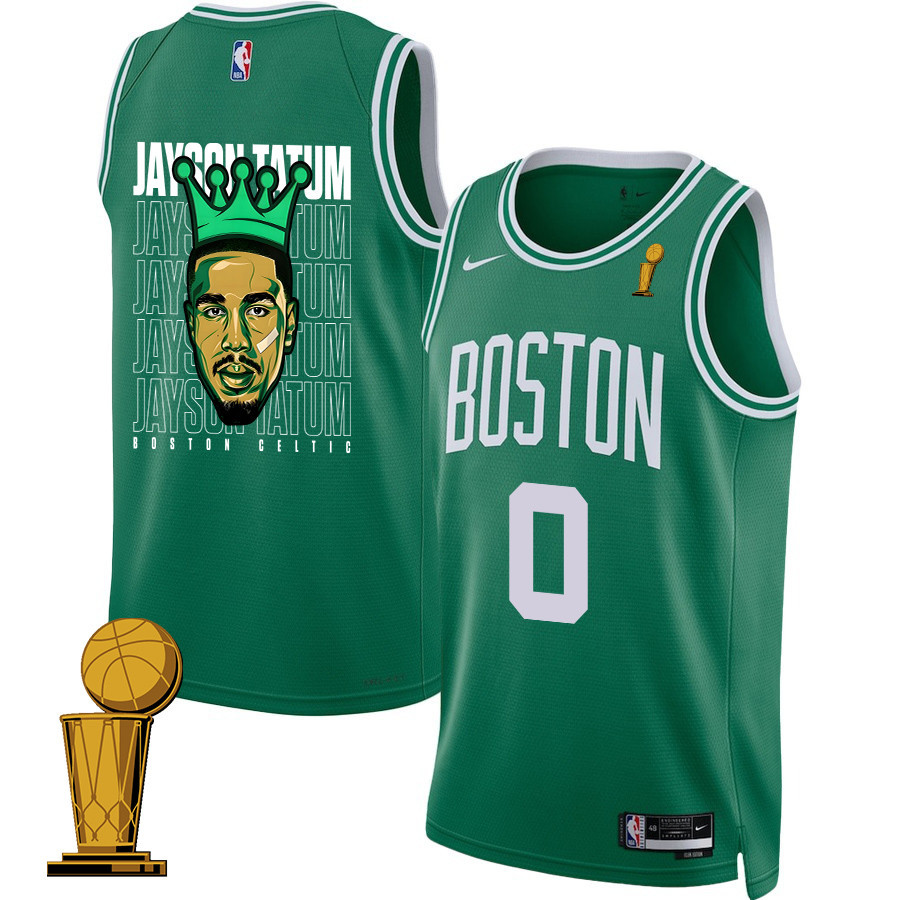 Jayson Tatum 0 Boston Celtics 2024 The King Of Champions Icon Edition Finals Champions Patch Green NBA Jersey Men's