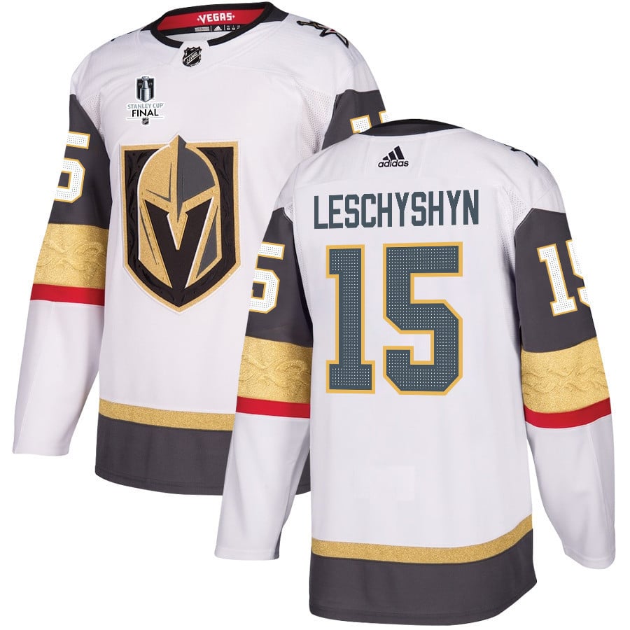 Jake Leschyshyn 15 Vegas Golden Knights Stanley Cup 2023 Final Patch Away Breakaway White NHL Jersey Men's