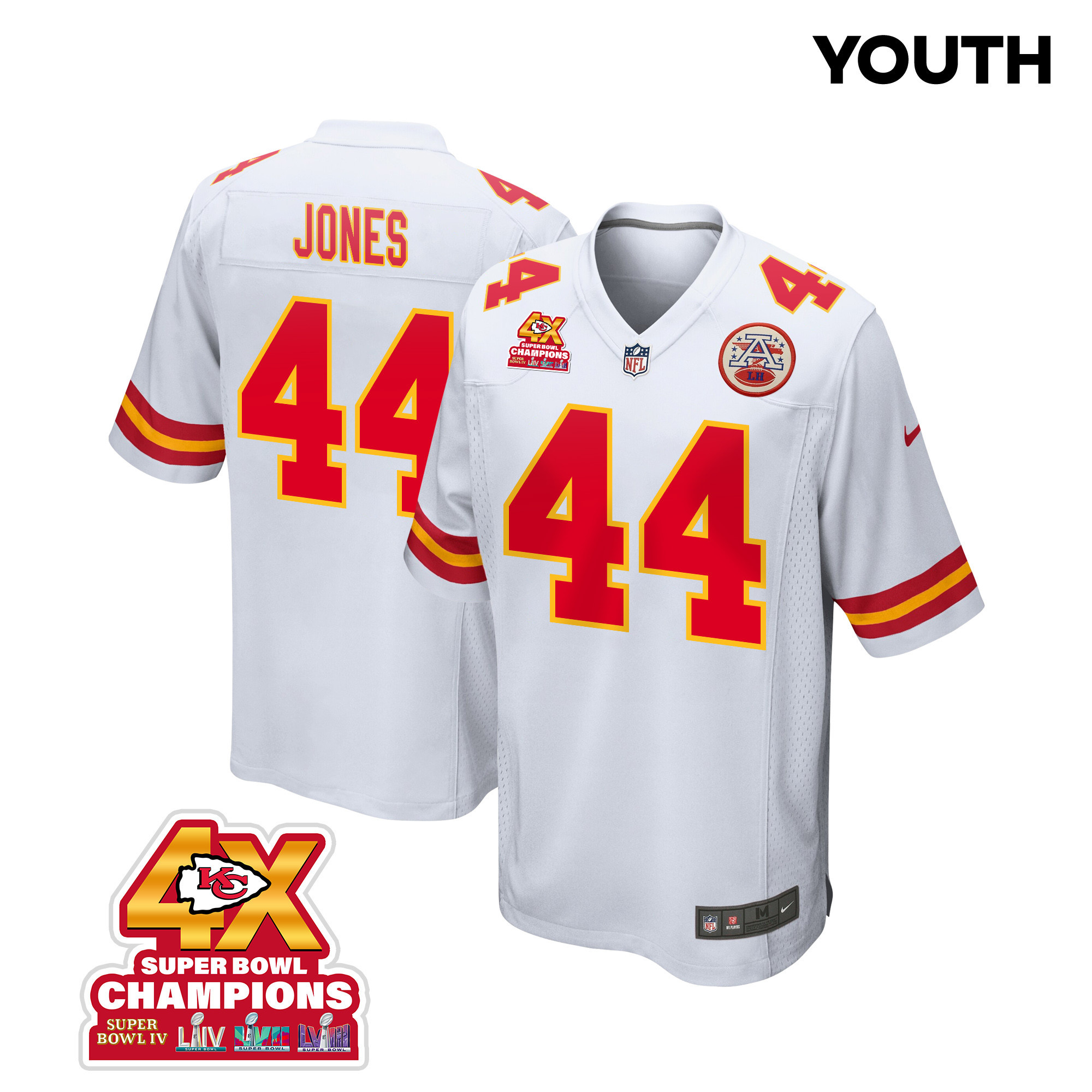 Cam Jones 44 Kansas City Chiefs Super Bowl LVIII Champions 4X Game White NFL Jersey Youth