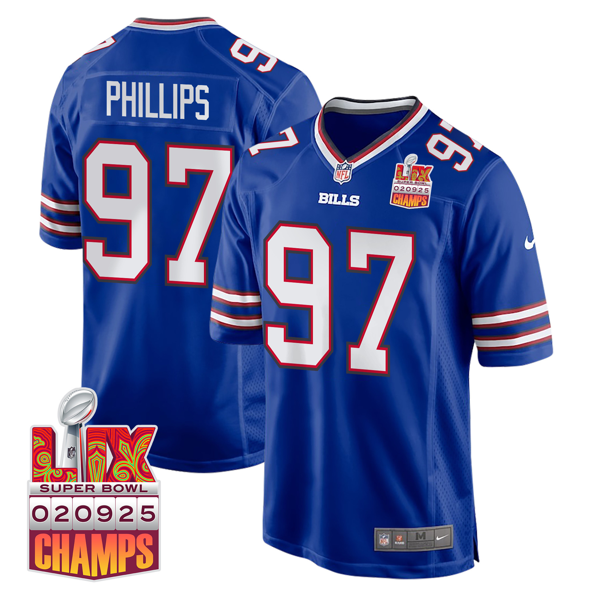 Jordan Phillips 97 Buffalo Bills Super Bowl LIX Champions Patch Game Royal NFL Jersey Men's