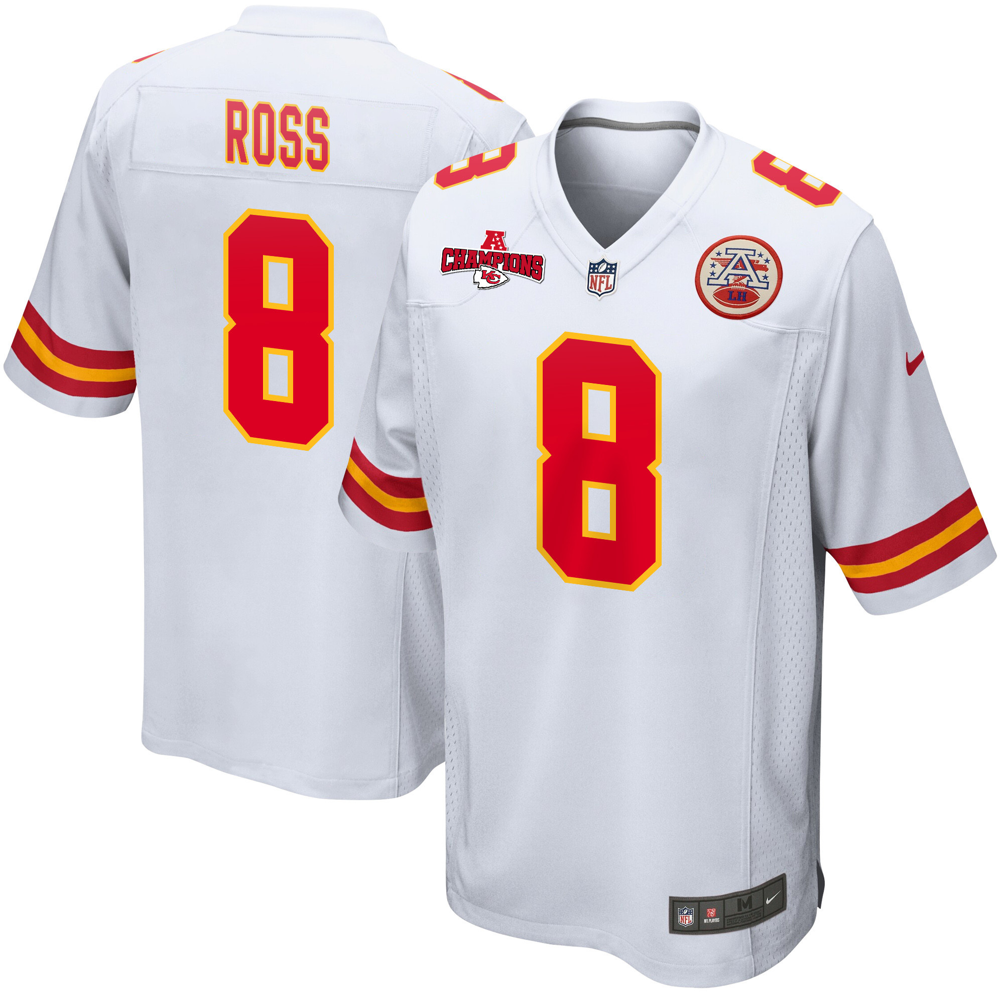 Justyn Ross 8 Kansas City Chiefs AFC Champions Patch Game White NFL Jersey Men's