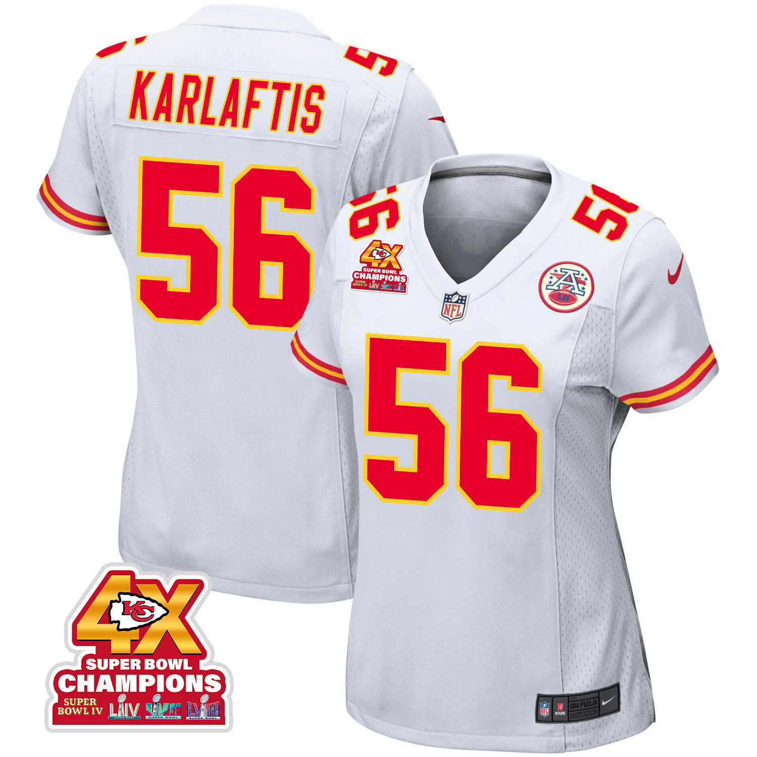 George Karlaftis 56 Kansas City Chiefs Super Bowl LVIII Champions 4X Game White NFL Jersey Women's