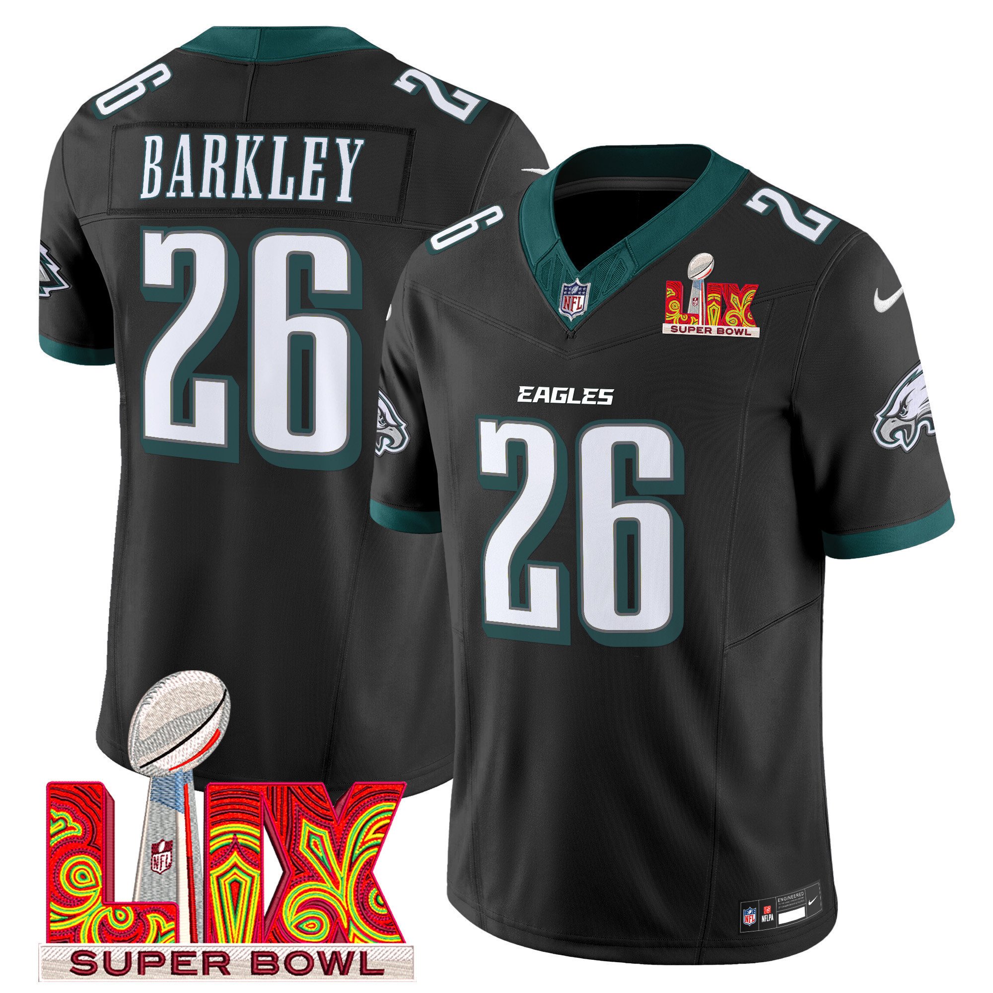 Saquon Barkley 26 Philadelphia Eagles Super Bowl Champions LIX Patch Vapor Limited Black NFL Jersey Men's