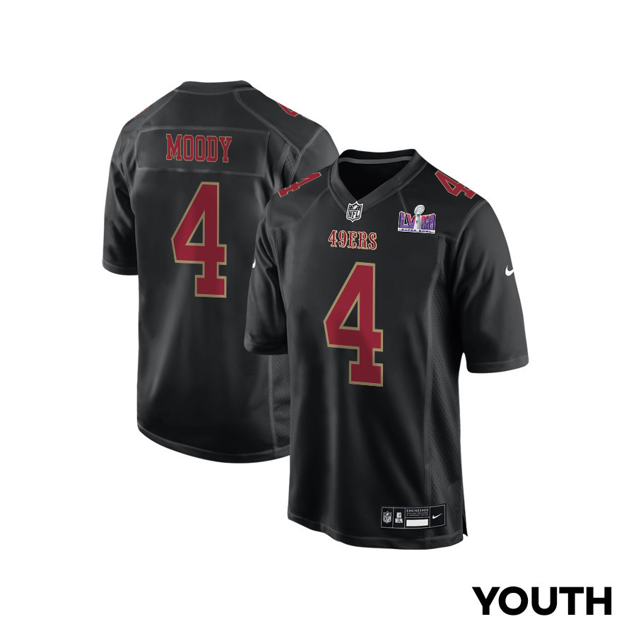 Jake Moody 4 San Francisco 49ers Super Bowl LVIII Patch Fashion Game Carbon Black NFL Jersey Youth