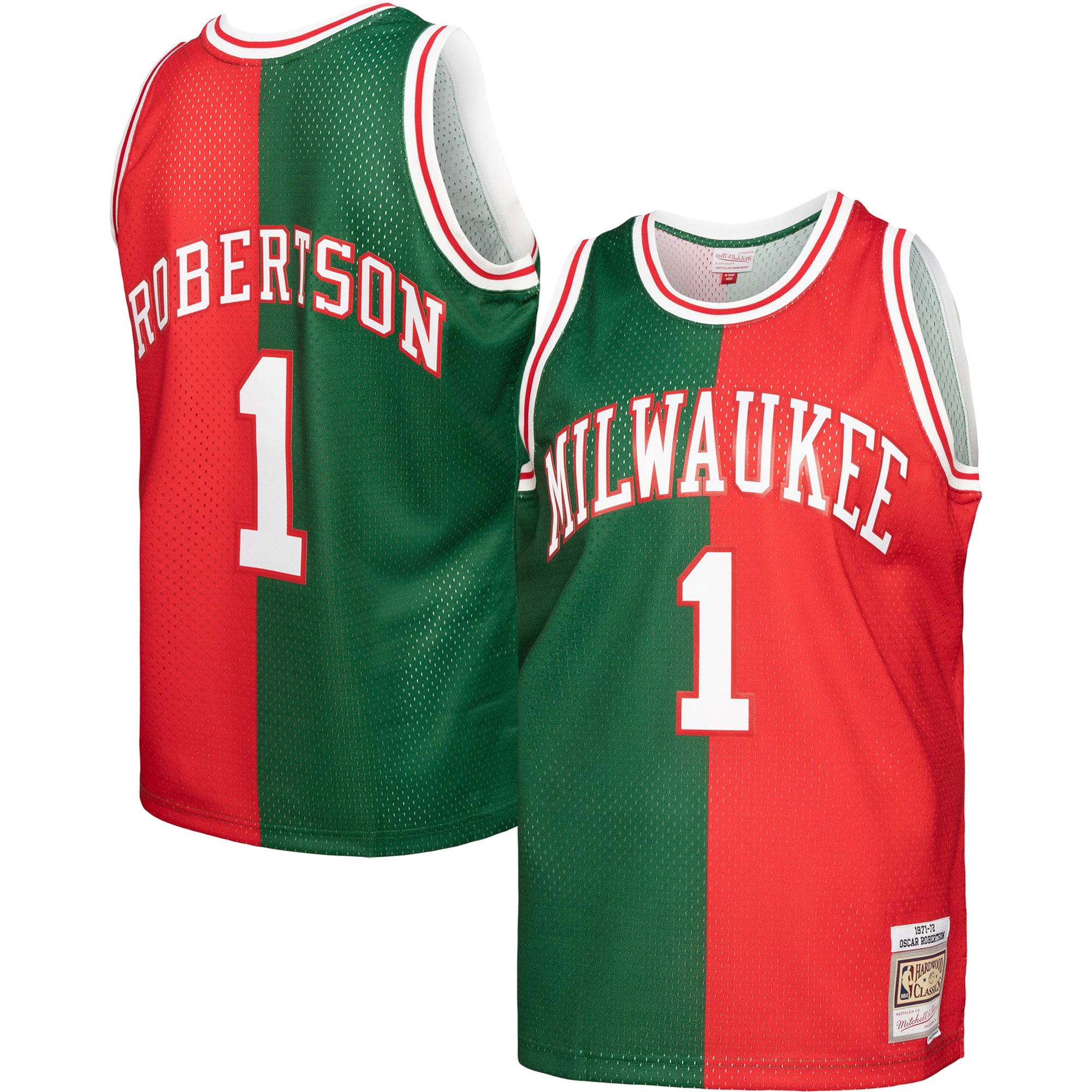 Mitchell Ness Oscar Robertson Green/Red Milwaukee Bucks Hardwood Classics 1971/72 Split Swingman NBA Jersey Men's