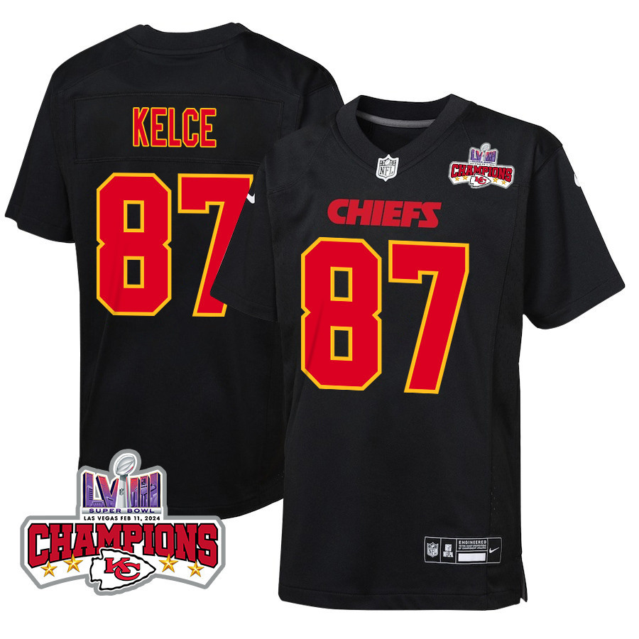 Travis Kelce 87 Kansas City Chiefs Super Bowl LVIII Champions 4 Stars Patch Fashion Game Carbon Black NFL Jersey Youth