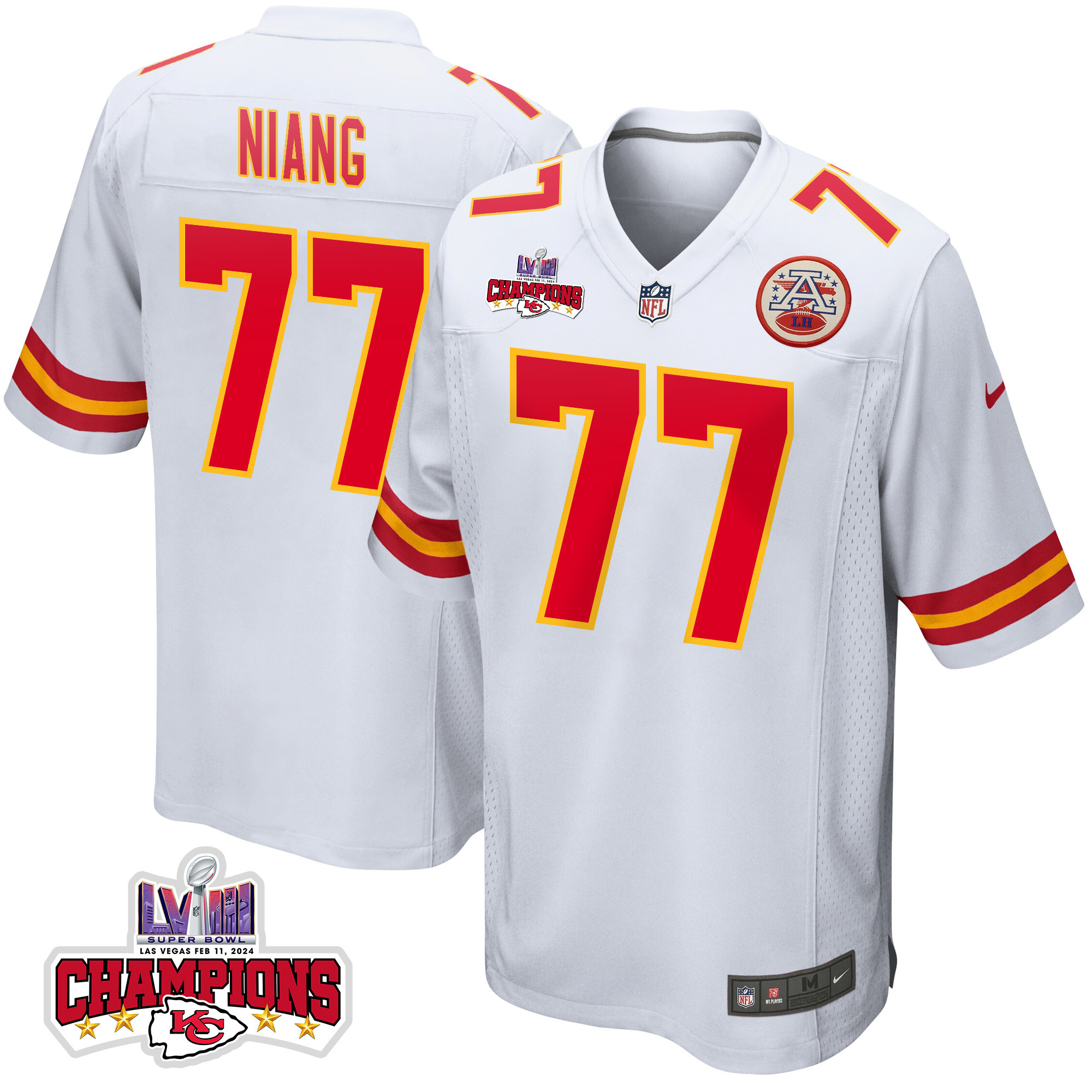 Lucas Niang 77 Kansas City Chiefs Super Bowl LVIII Champions 4 Stars Patch Game White NFL Jersey Men's