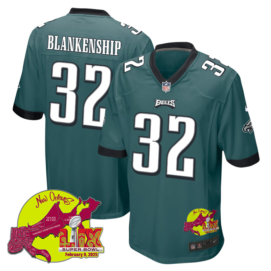 Reed Blankenship 32 Philadelphia Eagles Super Bowl LIX New Orleans Patch Game Midnight Green NFL Jersey Men's
