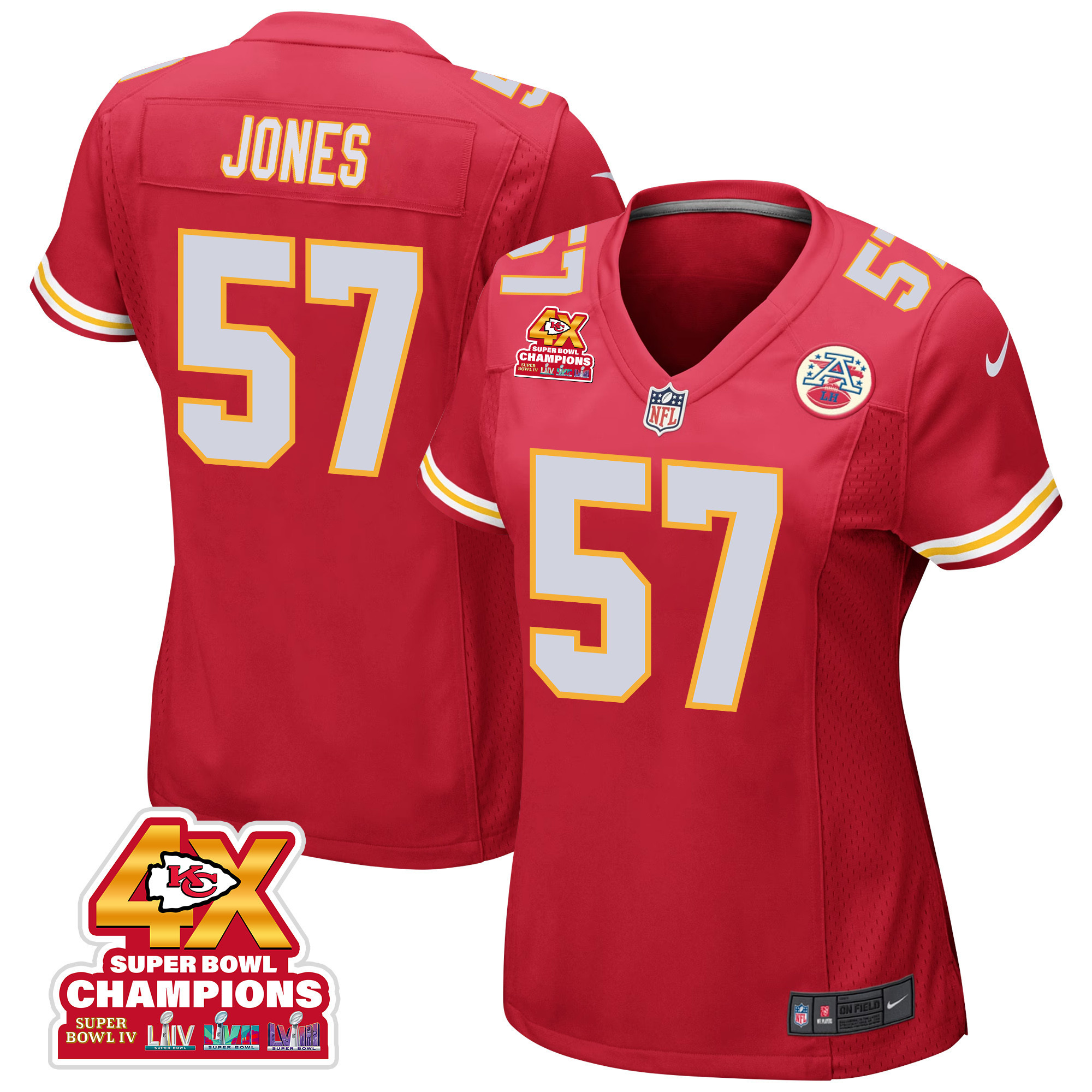 Truman Jones 57 Kansas City Chiefs Super Bowl LVIII Champions 4X Game Red NFL Jersey Women's