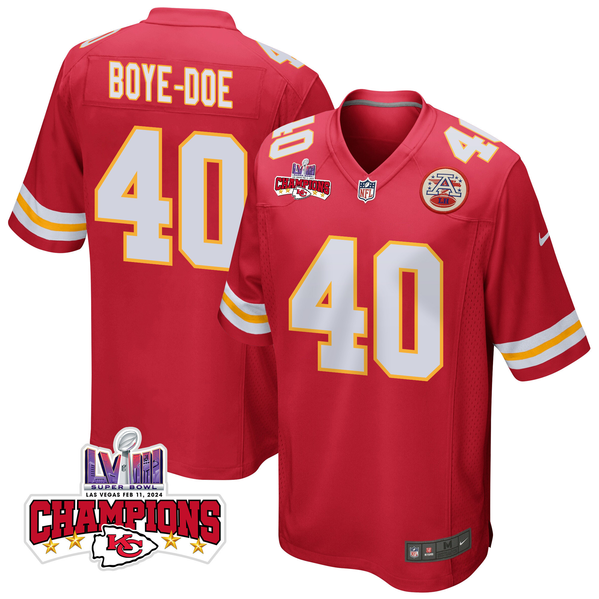 Ekow Boye-Doe 40 Kansas City Chiefs Super Bowl LVIII Champions 4 Stars Patch Game Red NFL Jersey Men's